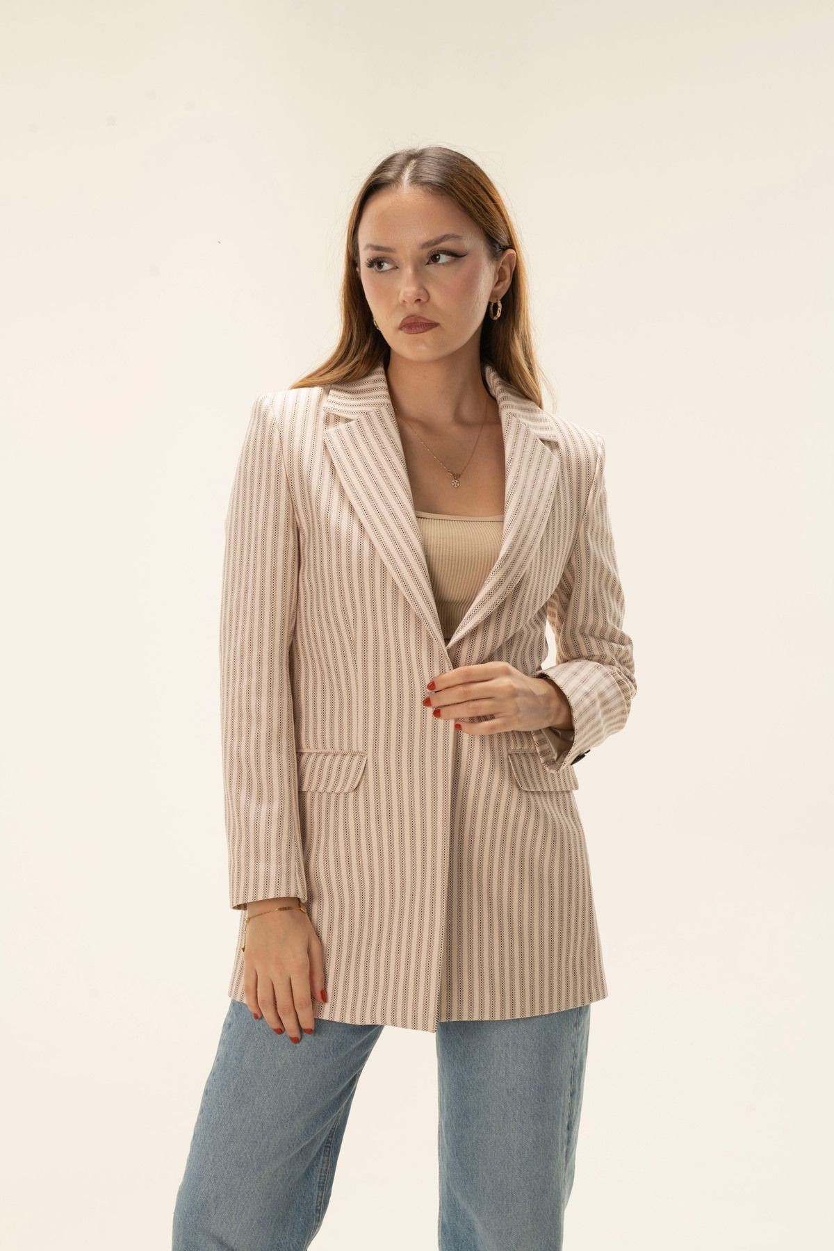 Çizgili Tek Düğme Astarlı Vatkalı Blazer ceket - Bej