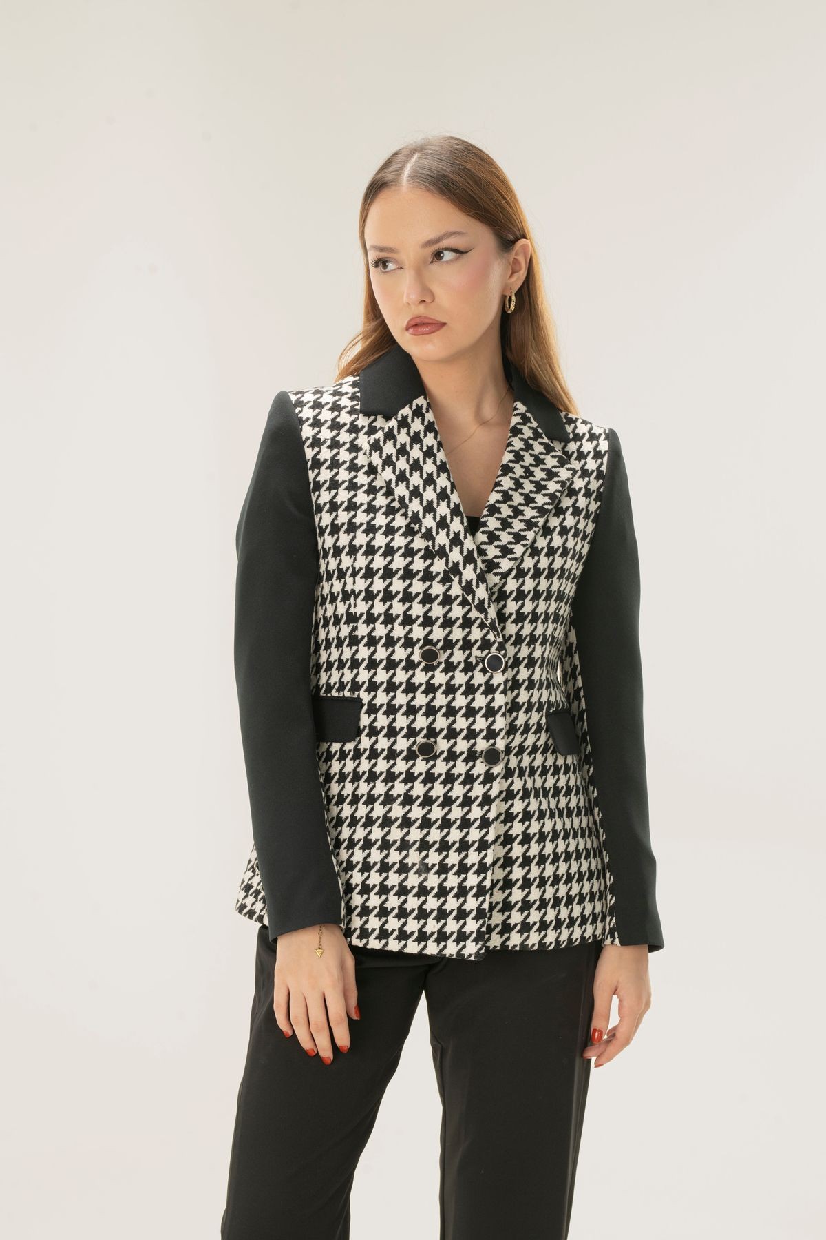 Women's Black Crowbar Pattern Double Button Jacket