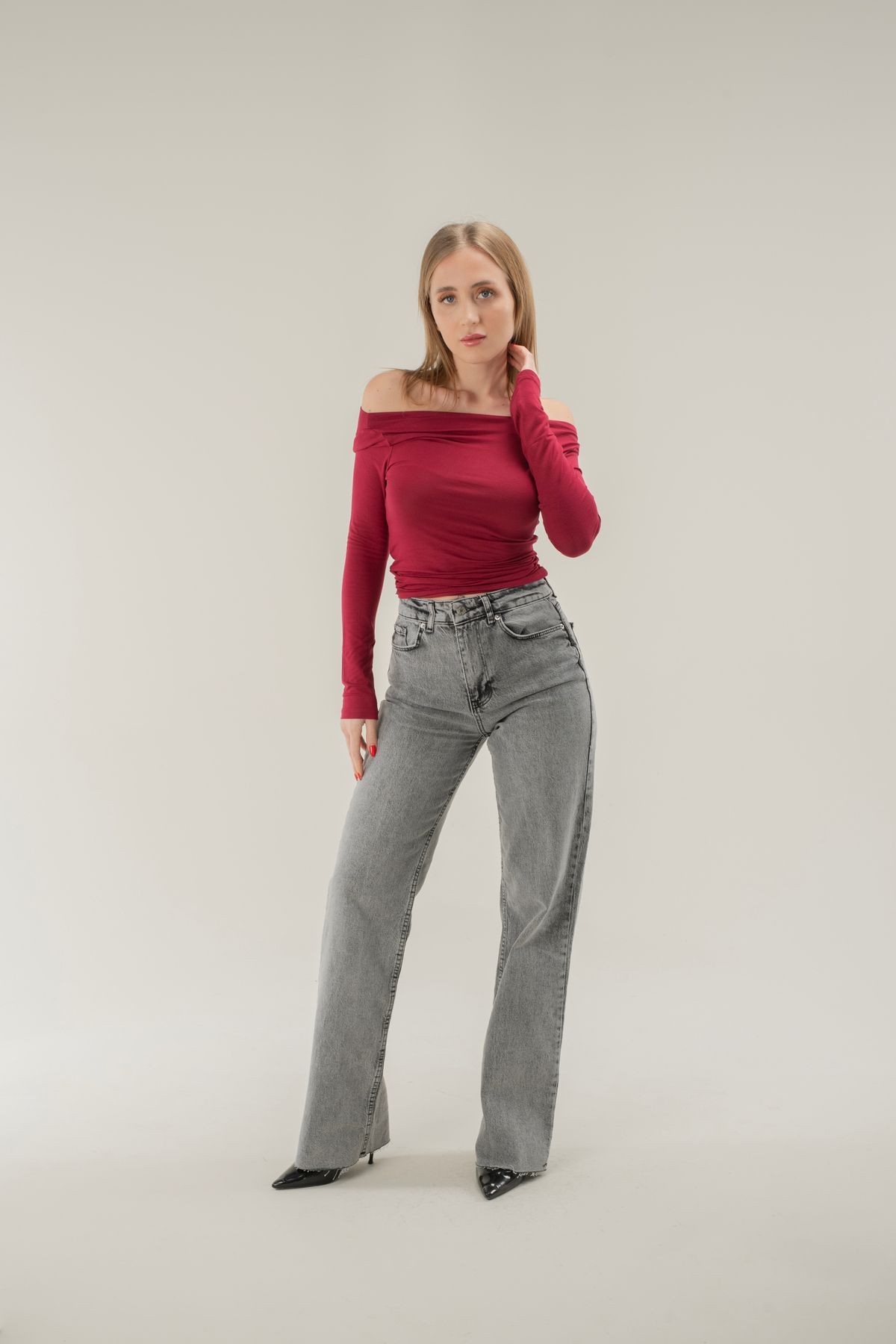 Straight Fit Kesik Paça Jean - Gri