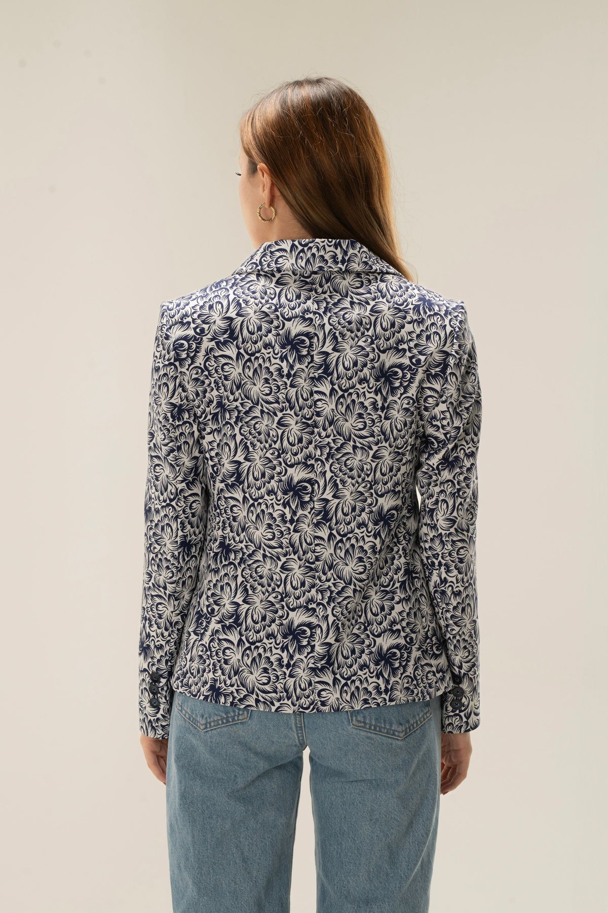 One-Button Blazer Jacket with Patterned Lining Wadding