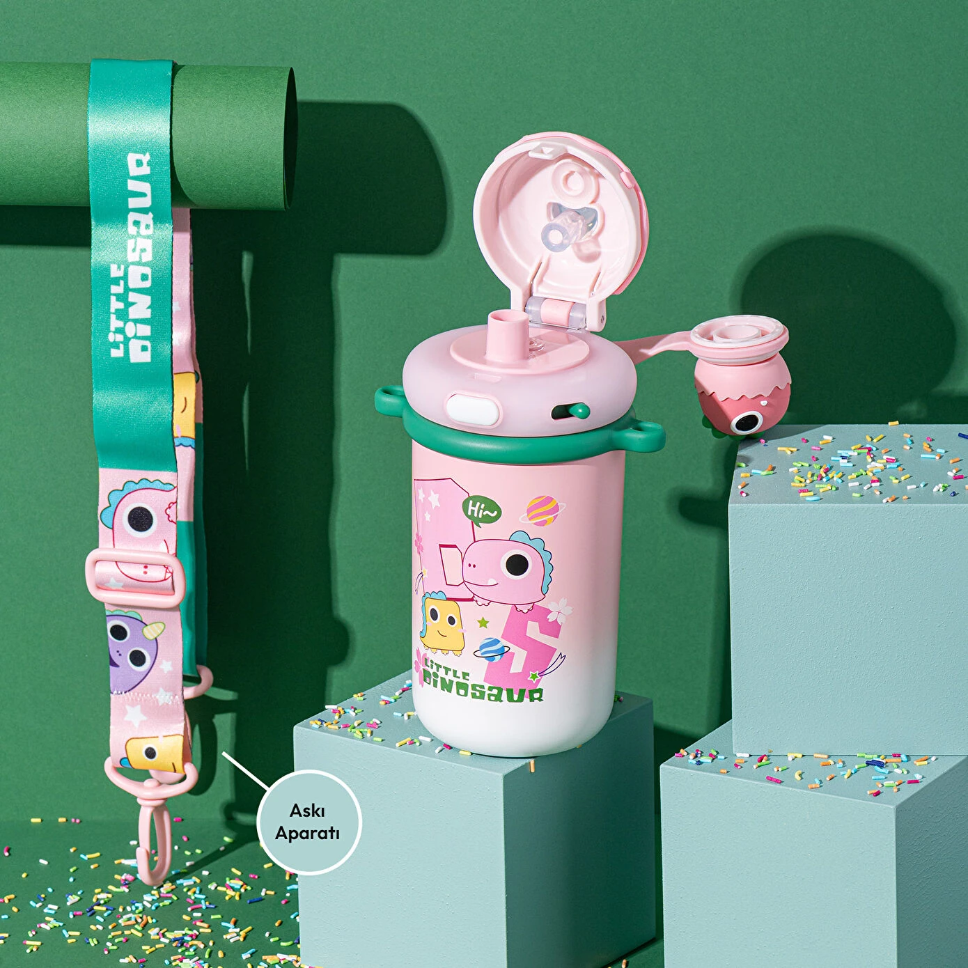 Emsan Dinozavr Pipetli Polad Termos 450 Ml, Çəhrayı