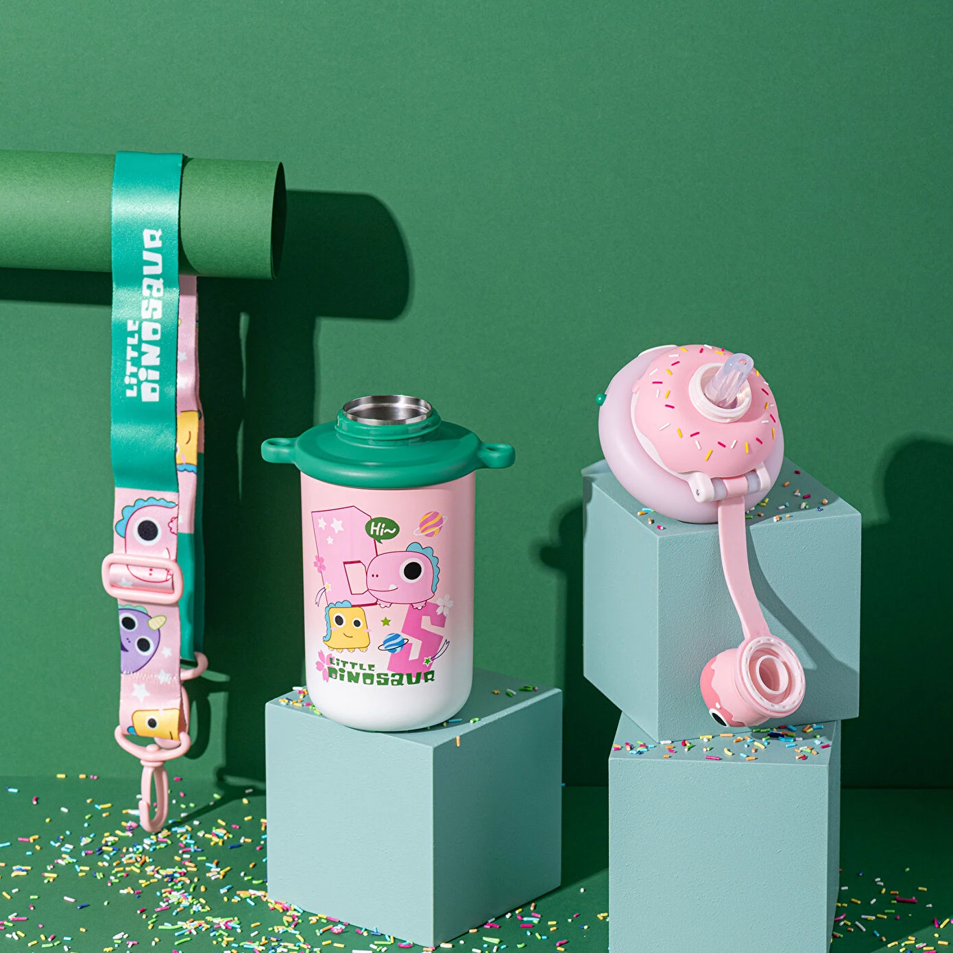 Emsan Dinozavr Pipetli Polad Termos 450 Ml, Çəhrayı