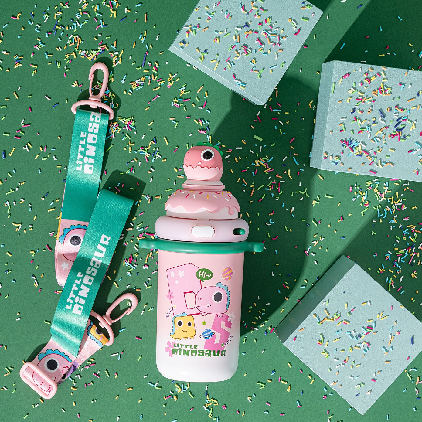 Emsan Dinozavr Pipetli Polad Termos 450 Ml, Çəhrayı