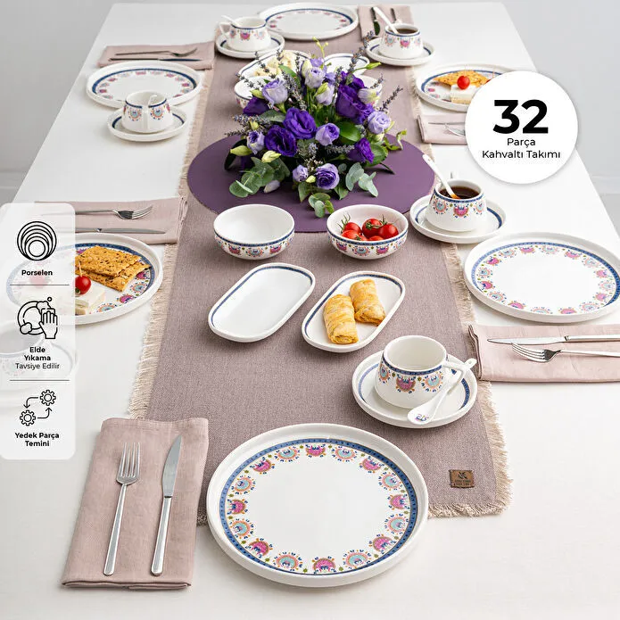 EMSAN Ethnic Pink Səhər Yeməyi Dəsti – 32 parça, 6 nəfərlik