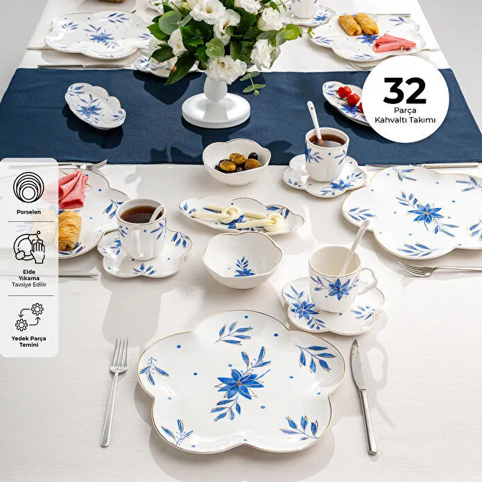 EMSAN Intense Blue Səhər Yeməyi Dəsti – Göy Tonlarda 32 parça, 6 nəfərlik