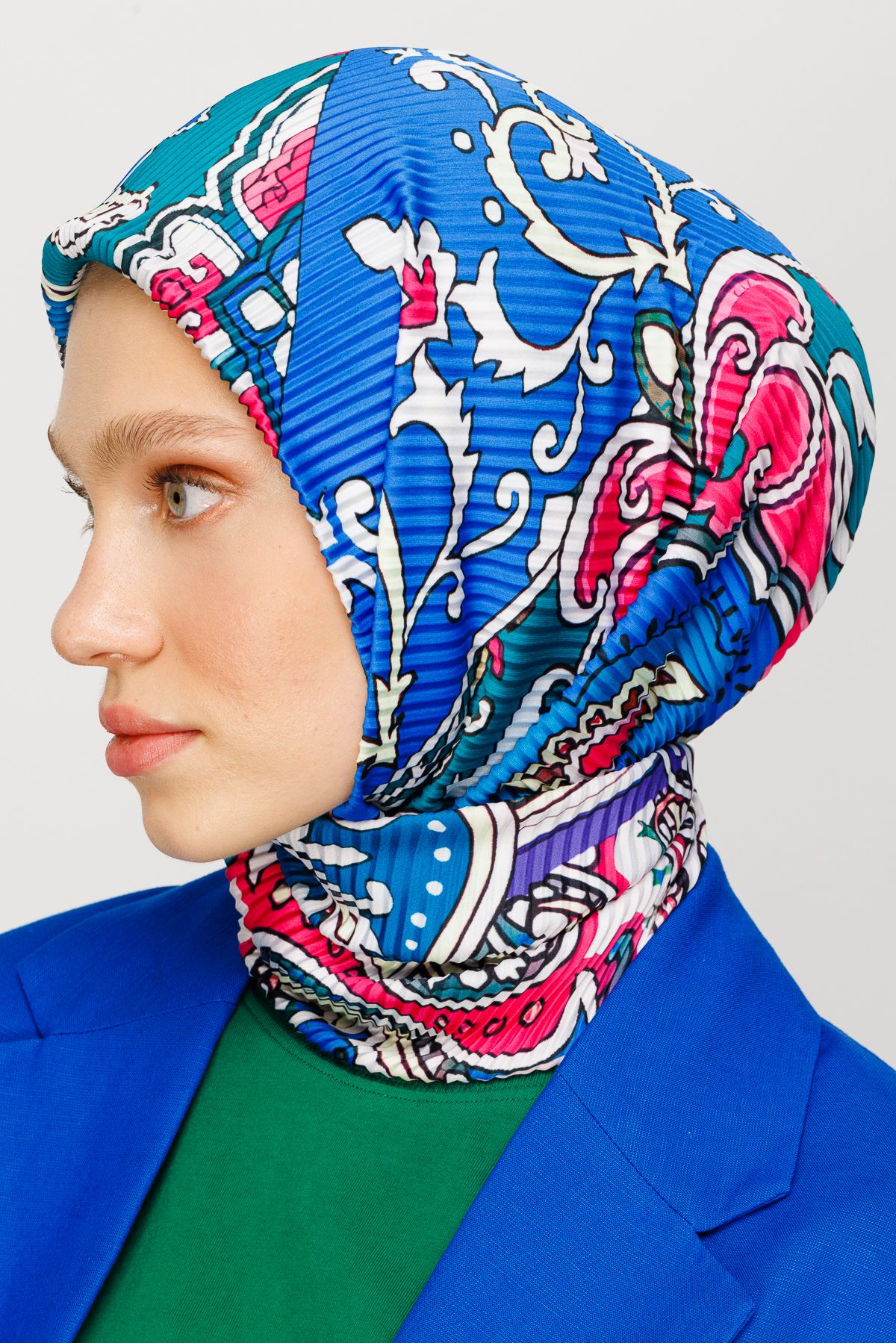 40 Patch Pattern Pleated Scarf - Sax Blue