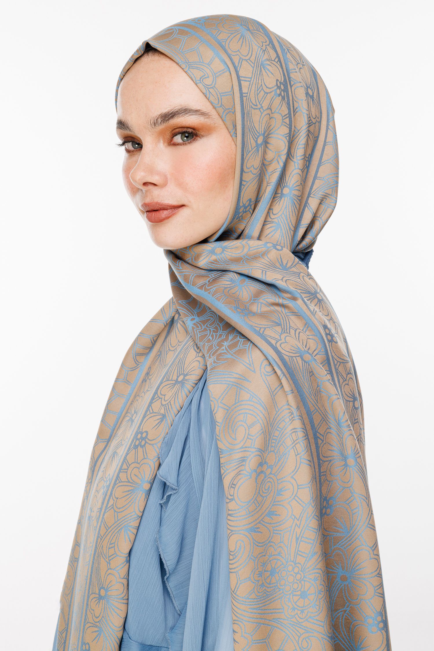 Lavin Pattern Double-Sided Shawl - Mink-Turquoise