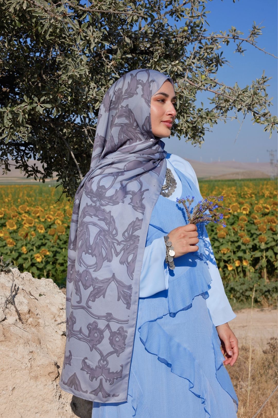 Yaren Desen Sakura İpek Şal - Light Grey