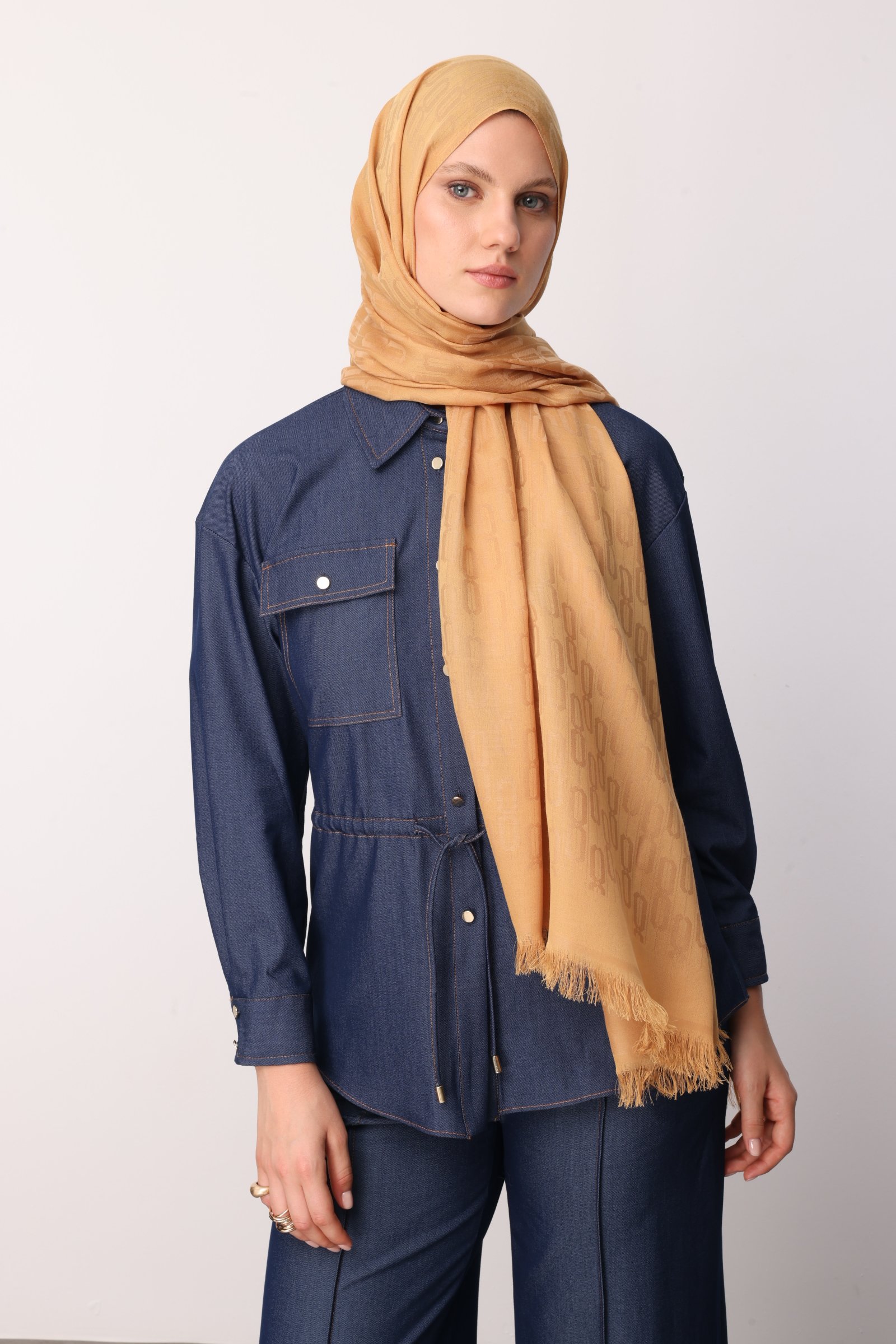 Chain Pattern Cotton Jacquard Shawl - Mustard