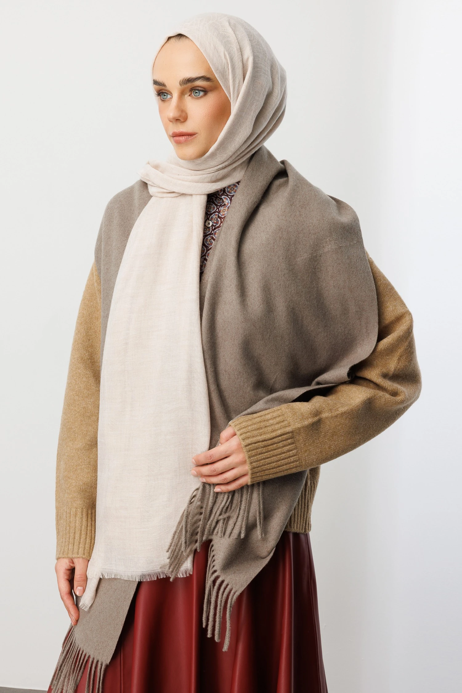 Rumi Desen Yün Kaşmir Şal - Stone Color