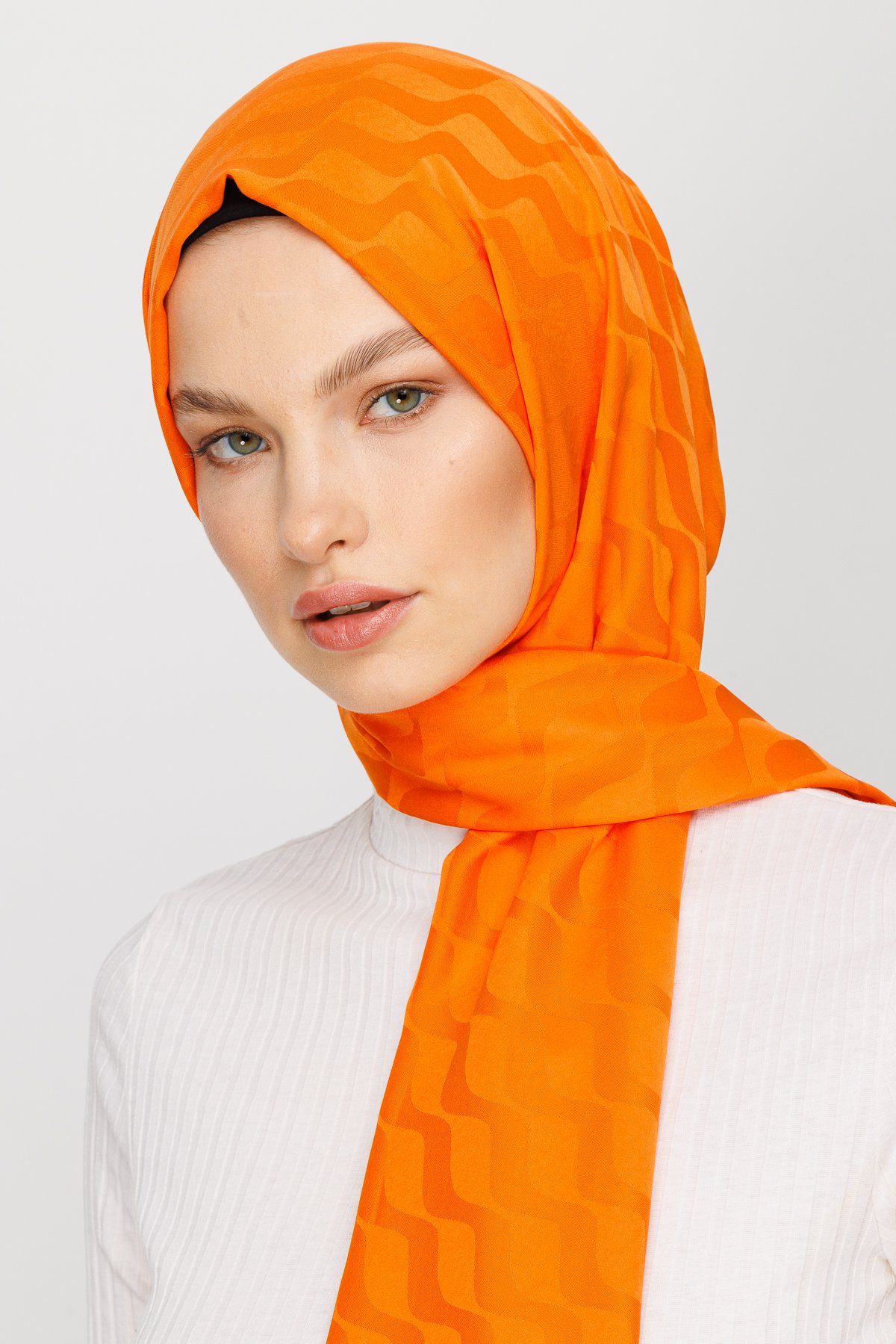 Wave Pattern Silky Jacquard Shawl - Turuncu