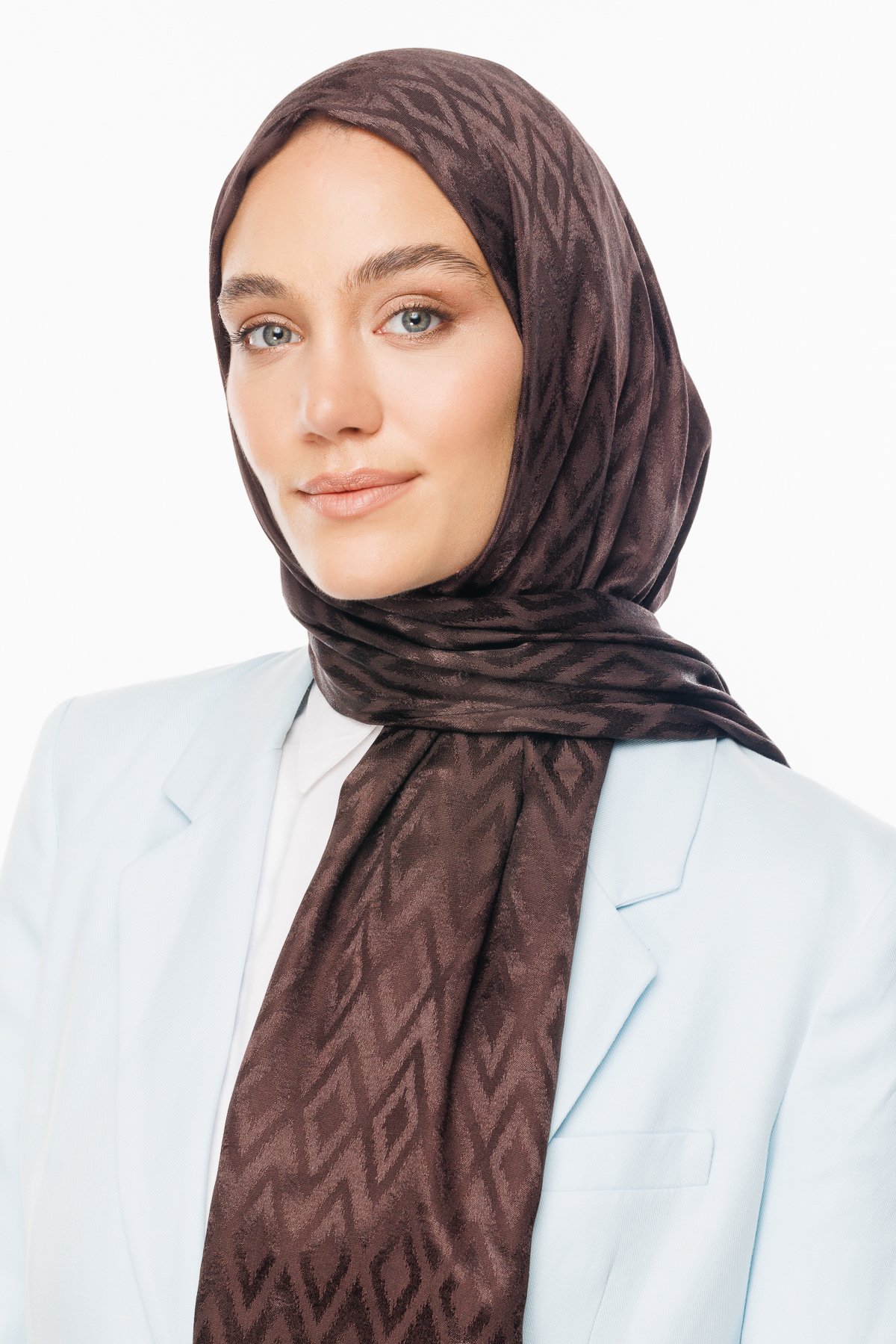 Karo Pattern Shiny Jacquard Shawl - Bitter Coffee
