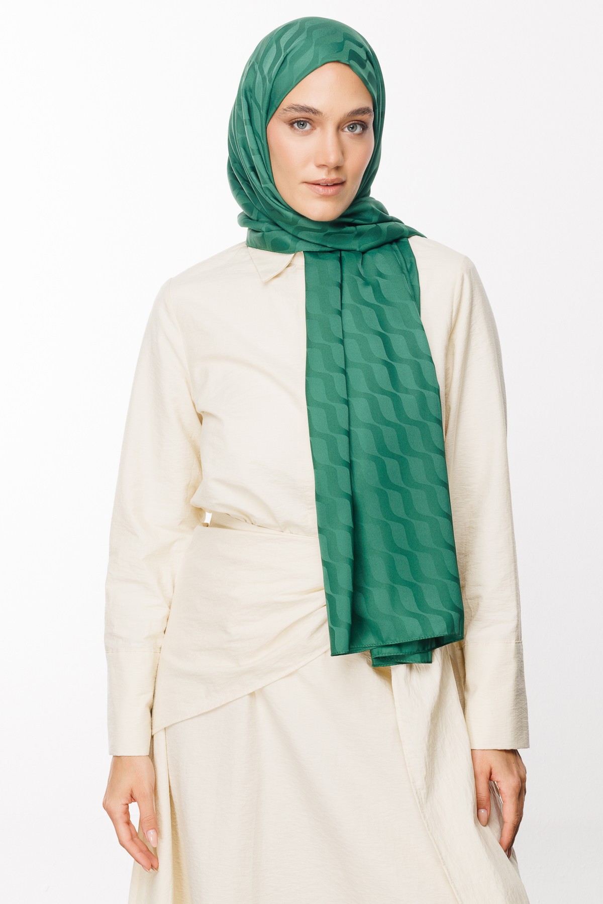 Wave Pattern Silky Jacquard Shawl - Jade