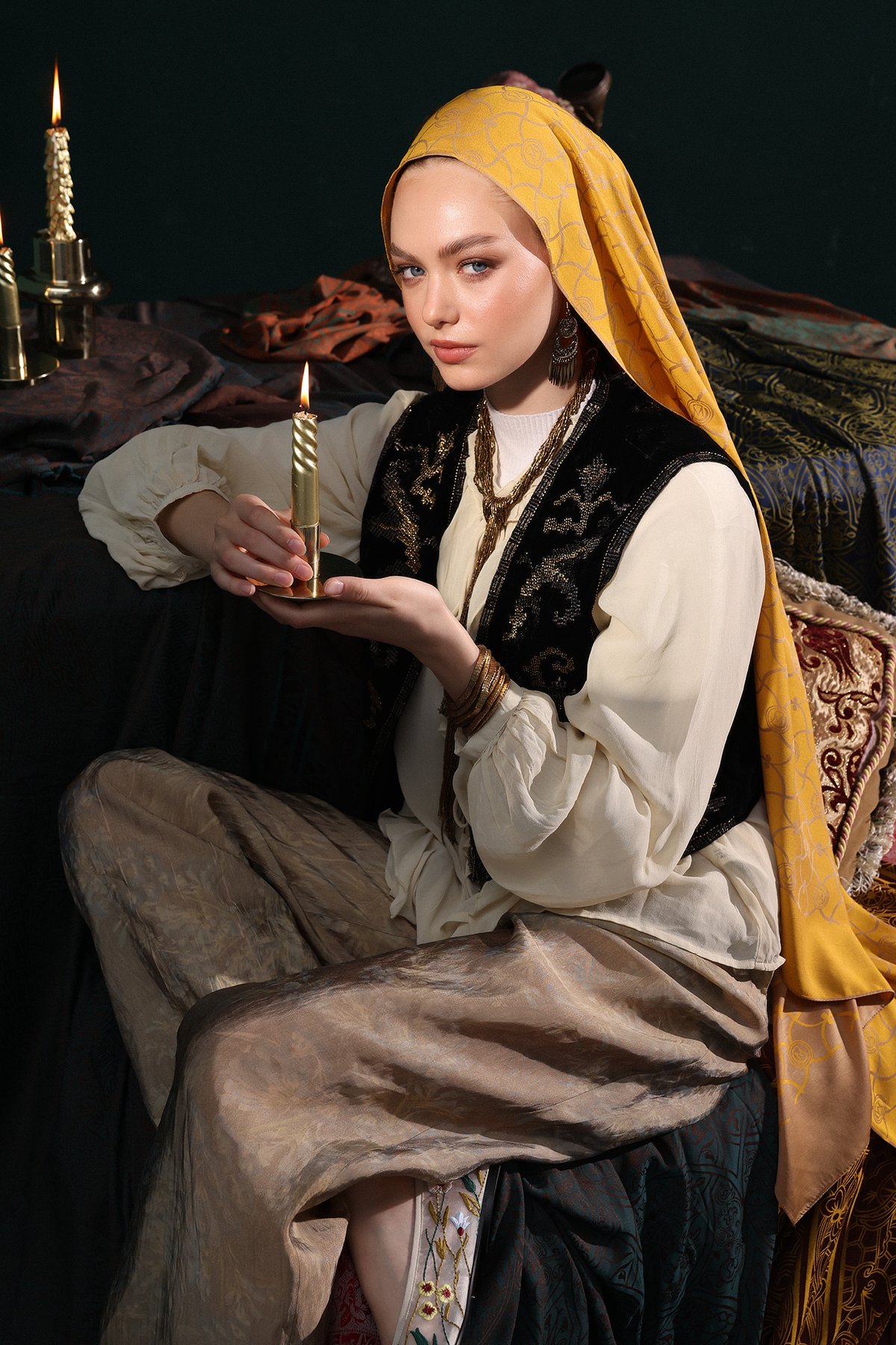 Marrakech Pattern Double-Sided Shawl - Mink-Mustard