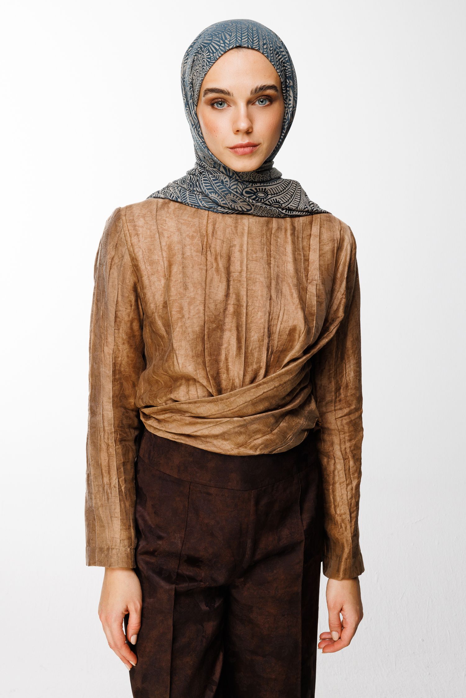 Mayra Pattern Double-Sided Shawl - Petrol Blue-Beige