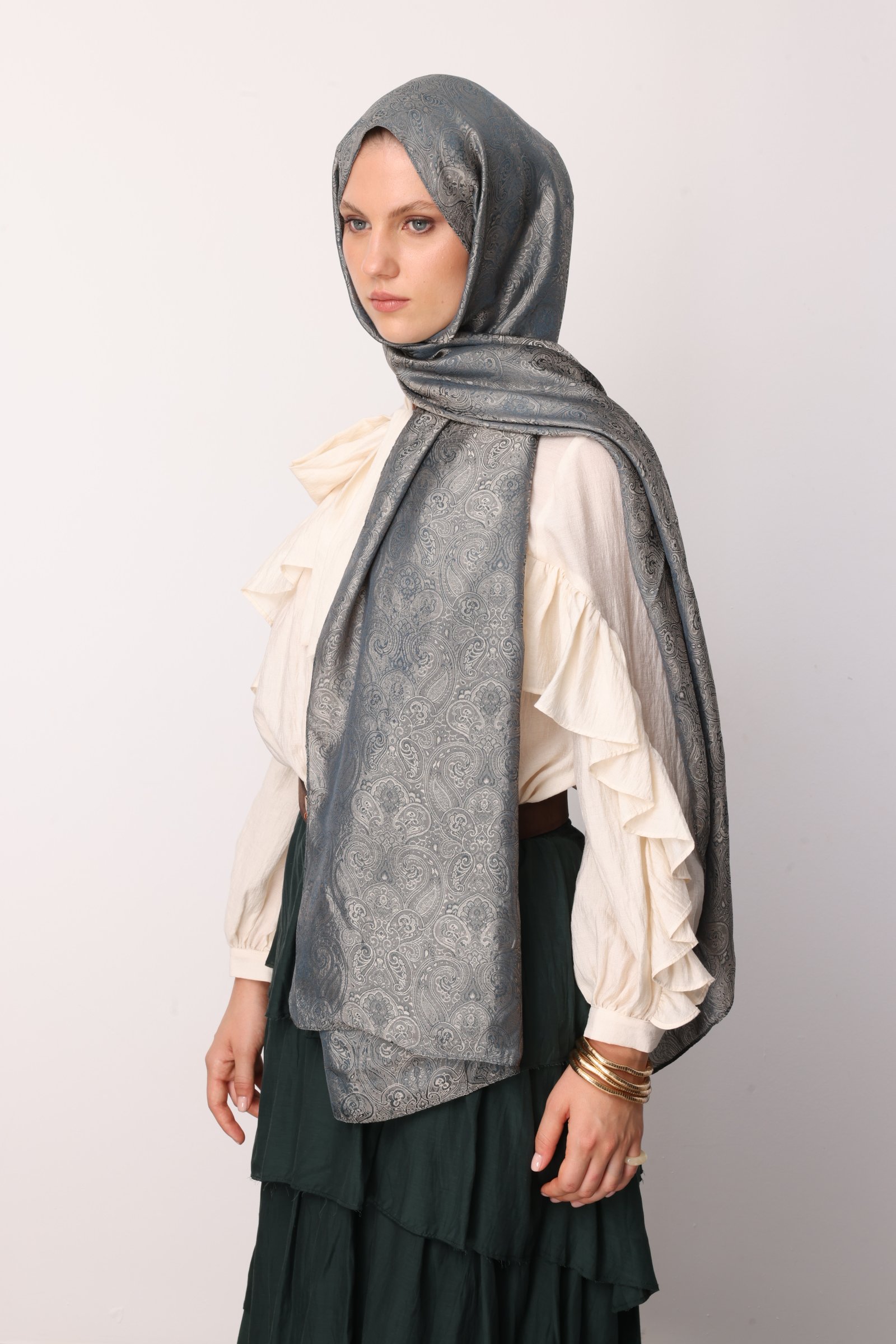 Moren Pattern Shine Line Shawl - Petrol Blue-Beige