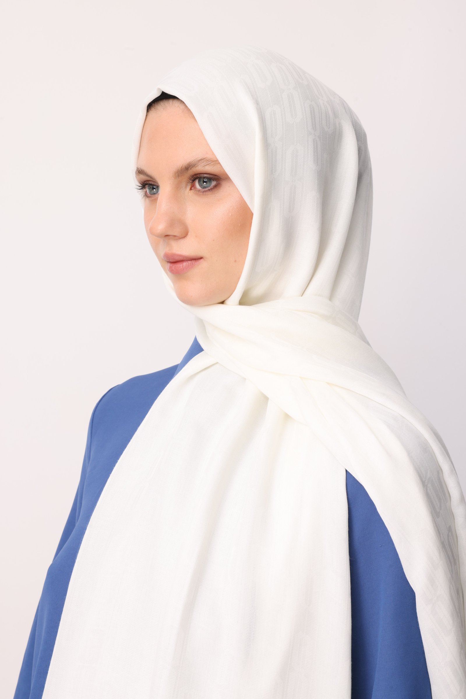 Chain Pattern Cotton Jacquard Shawl - Ecru