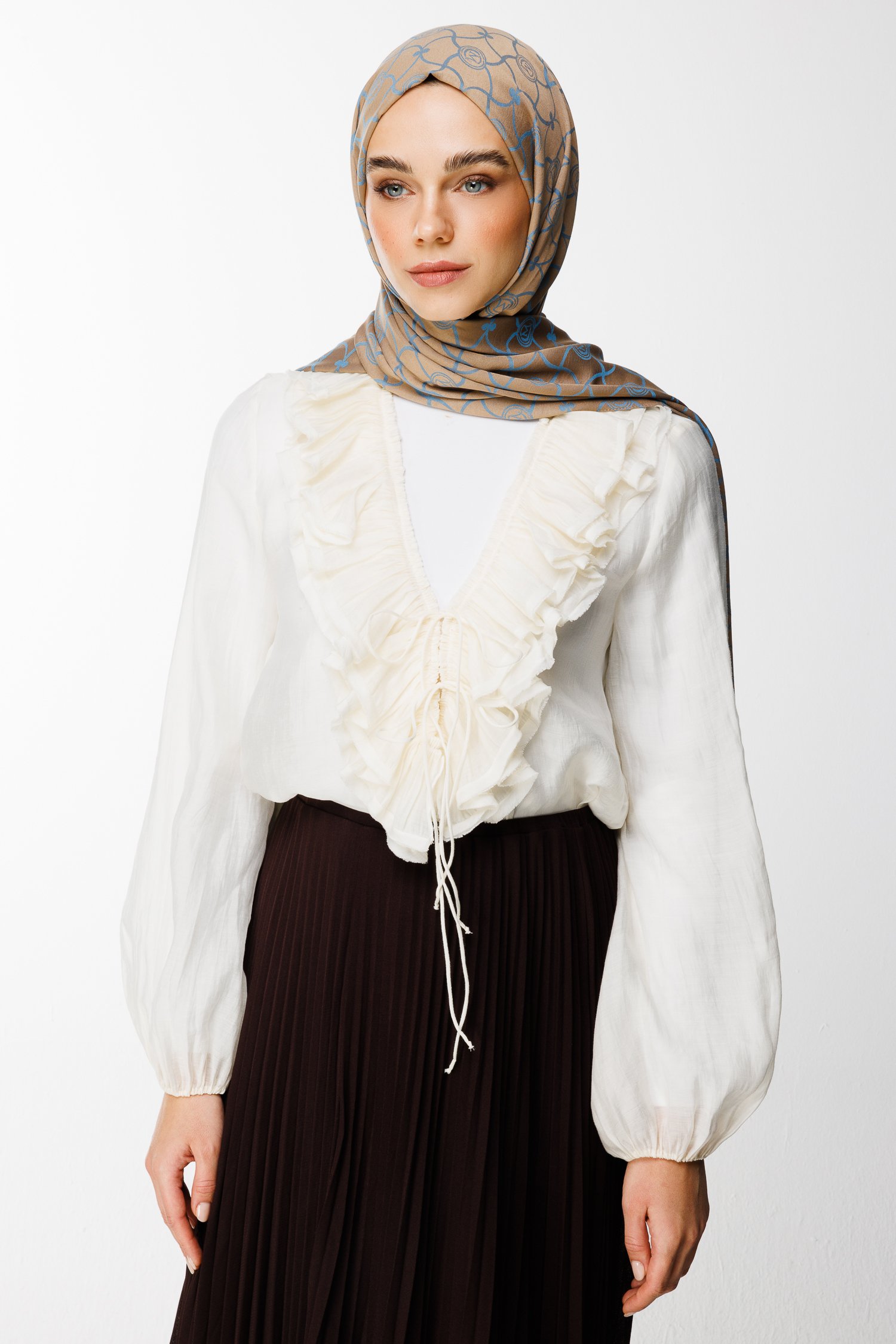 Marrakech Pattern Double-Sided Shawl - Mink-Turquoise