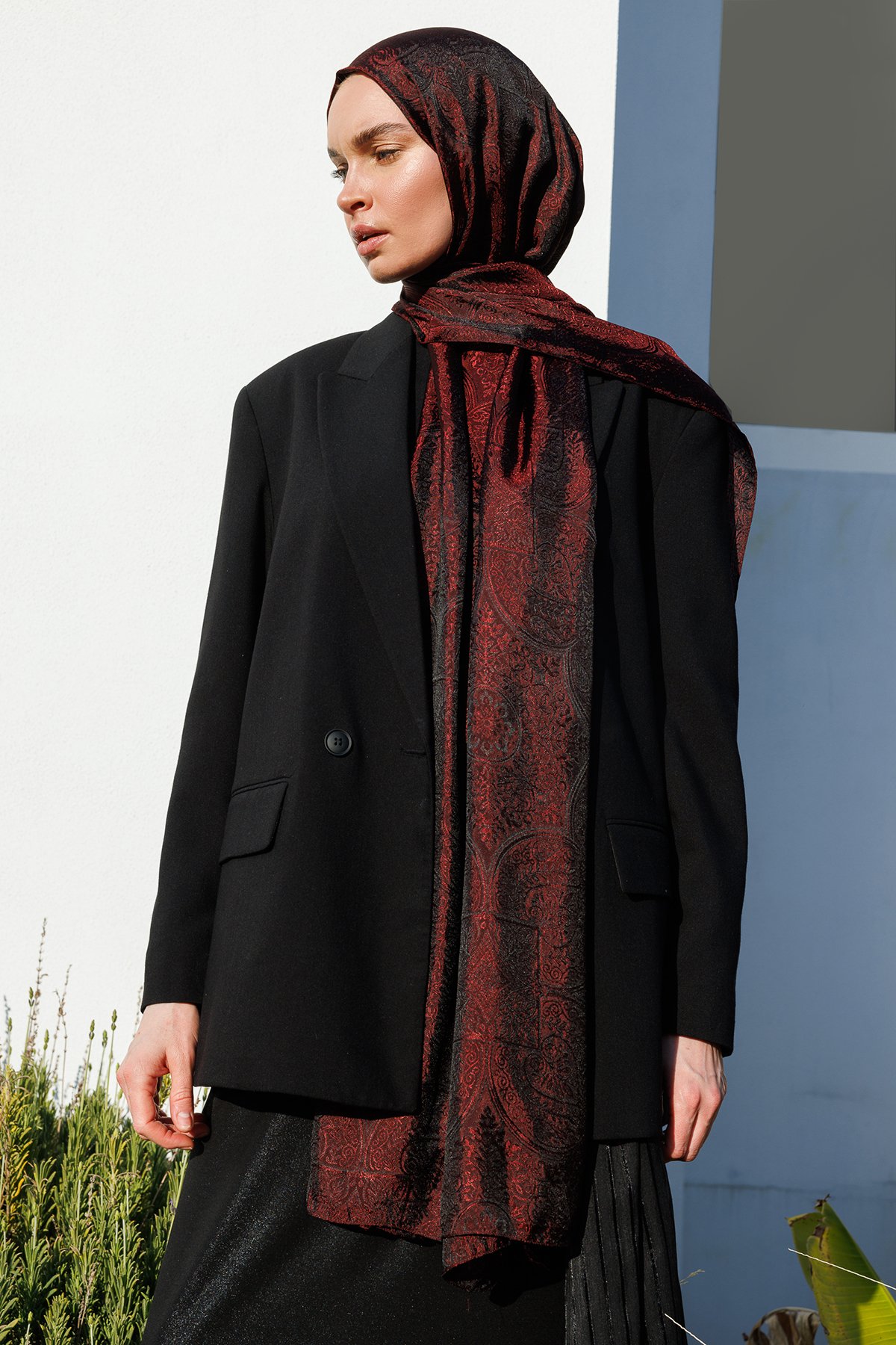 Shline Line Viscose Shawl - Black-Burgundy