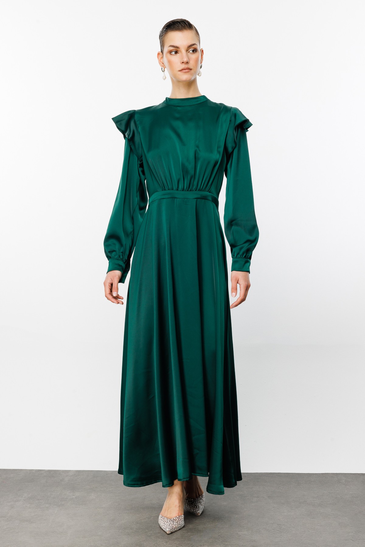 Flounce Shoulder Draped Satin Dress - Emerald