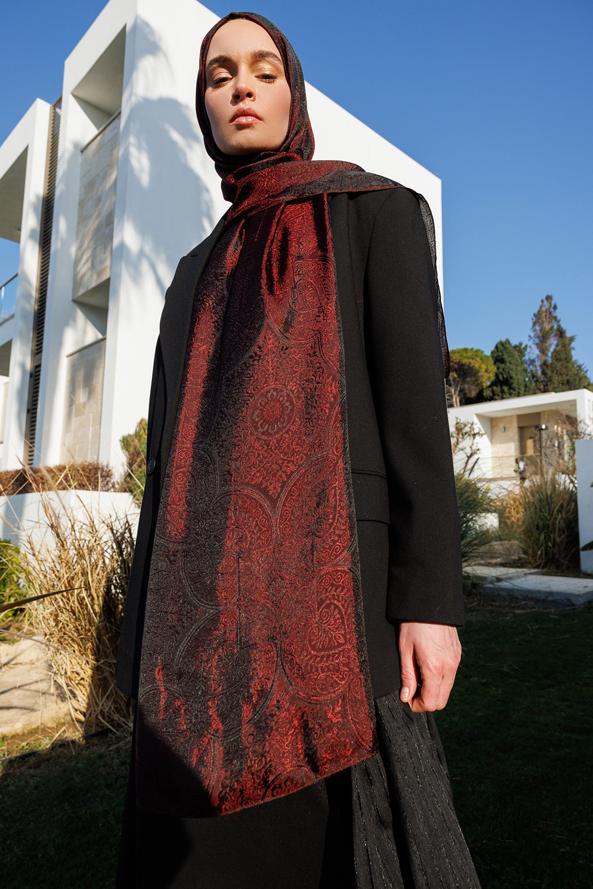 Shline Line Viscose Shawl - Black-Burgundy