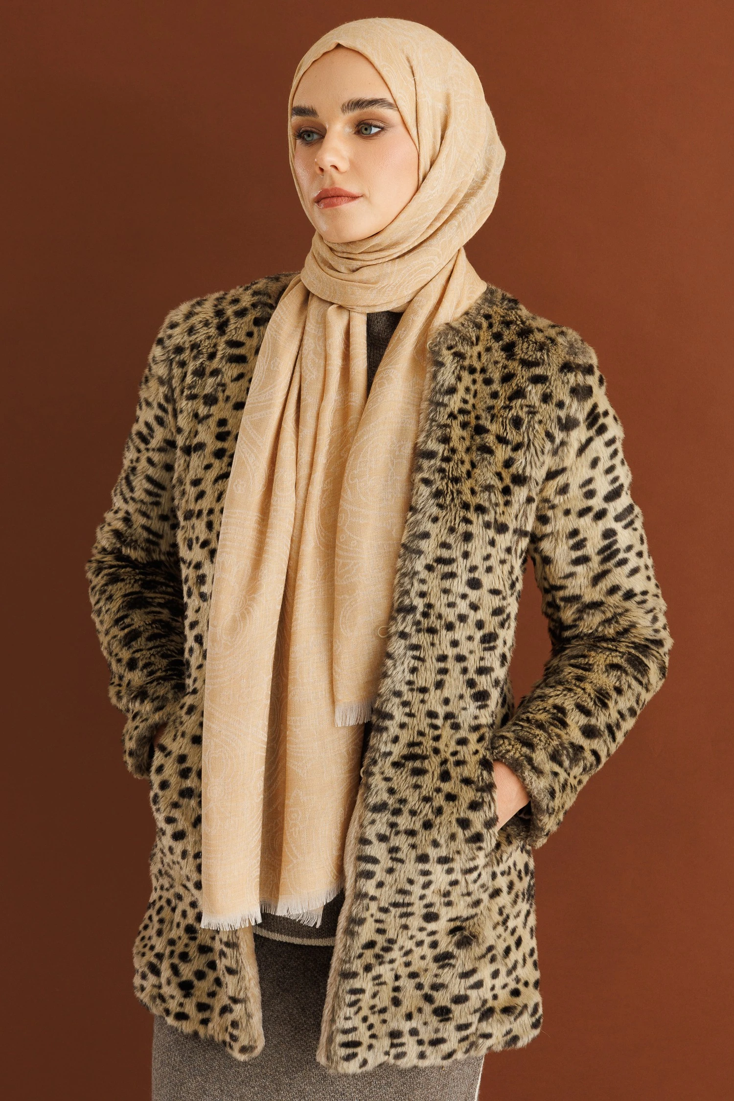 Rumi Desen Yün Kaşmir Şal - Mustard