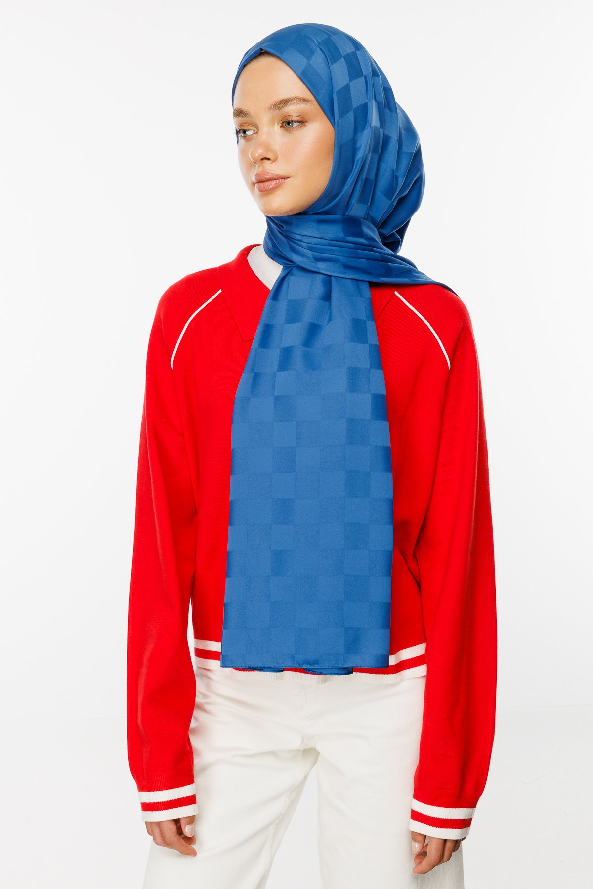 Checkers Pattern Silk Jacquard Shawl - İndigo