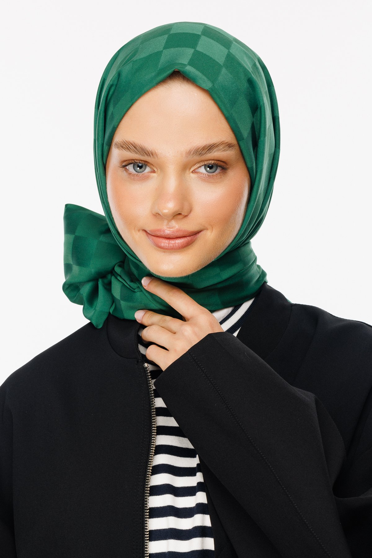 Checkers Pattern Silk Jacquard Shawl - Jade