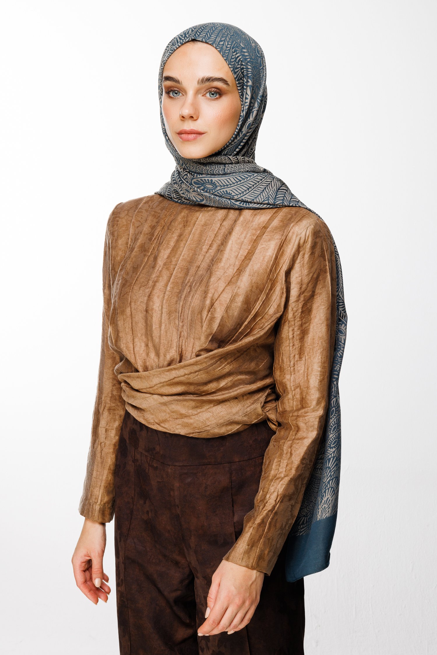 Mayra Pattern Double-Sided Shawl - Petrol Blue-Beige