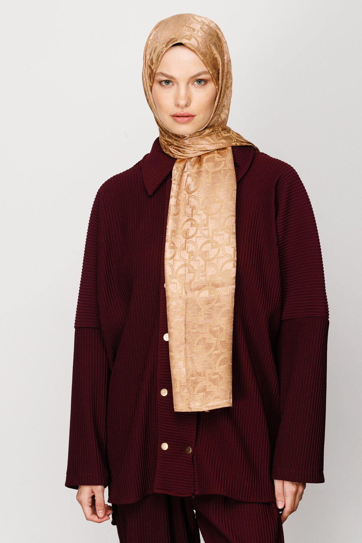 Longar Pattern Shiny Jacquard Shawl - Biscuit