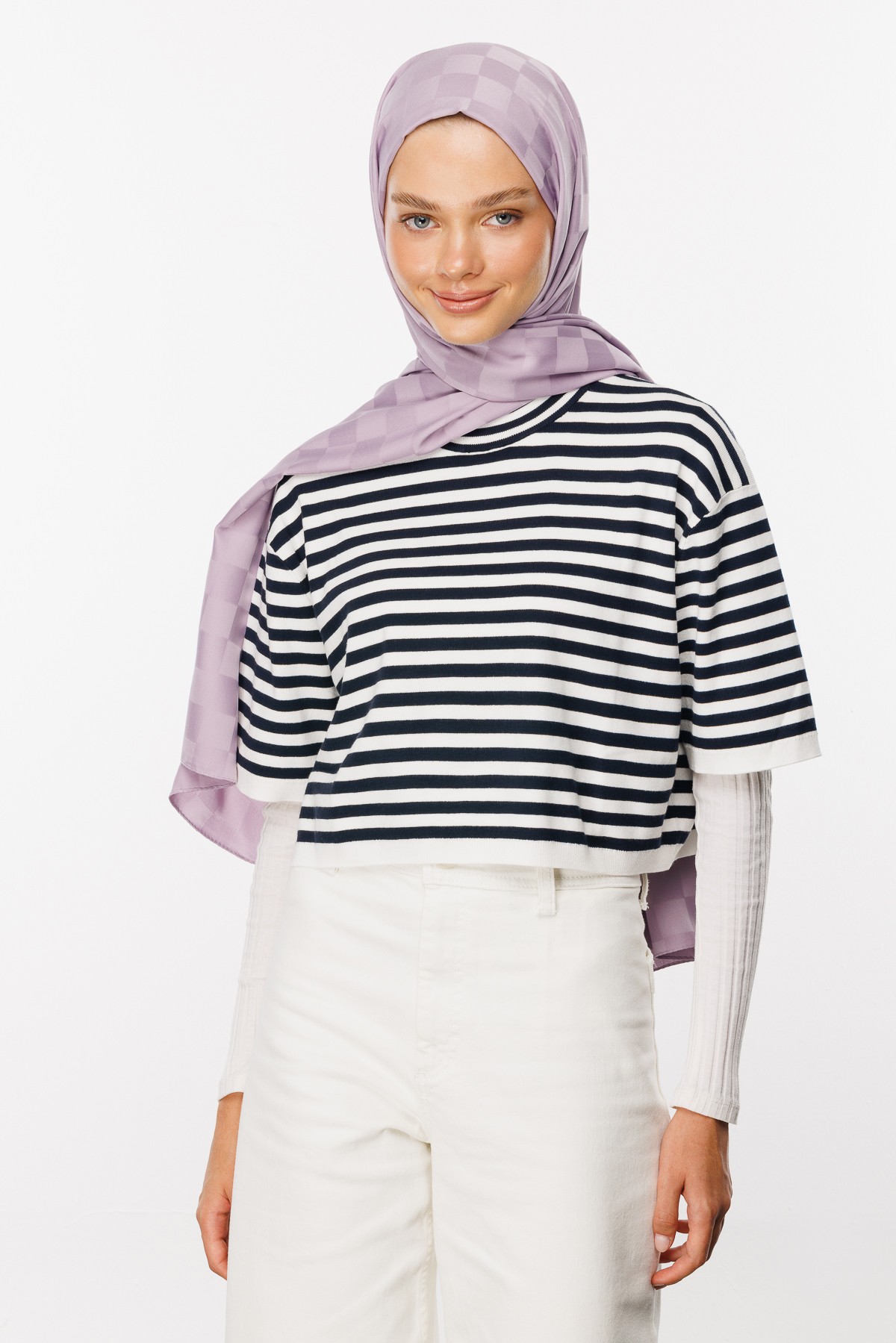 Checkers Pattern Silk Jacquard Shawl - Lilac