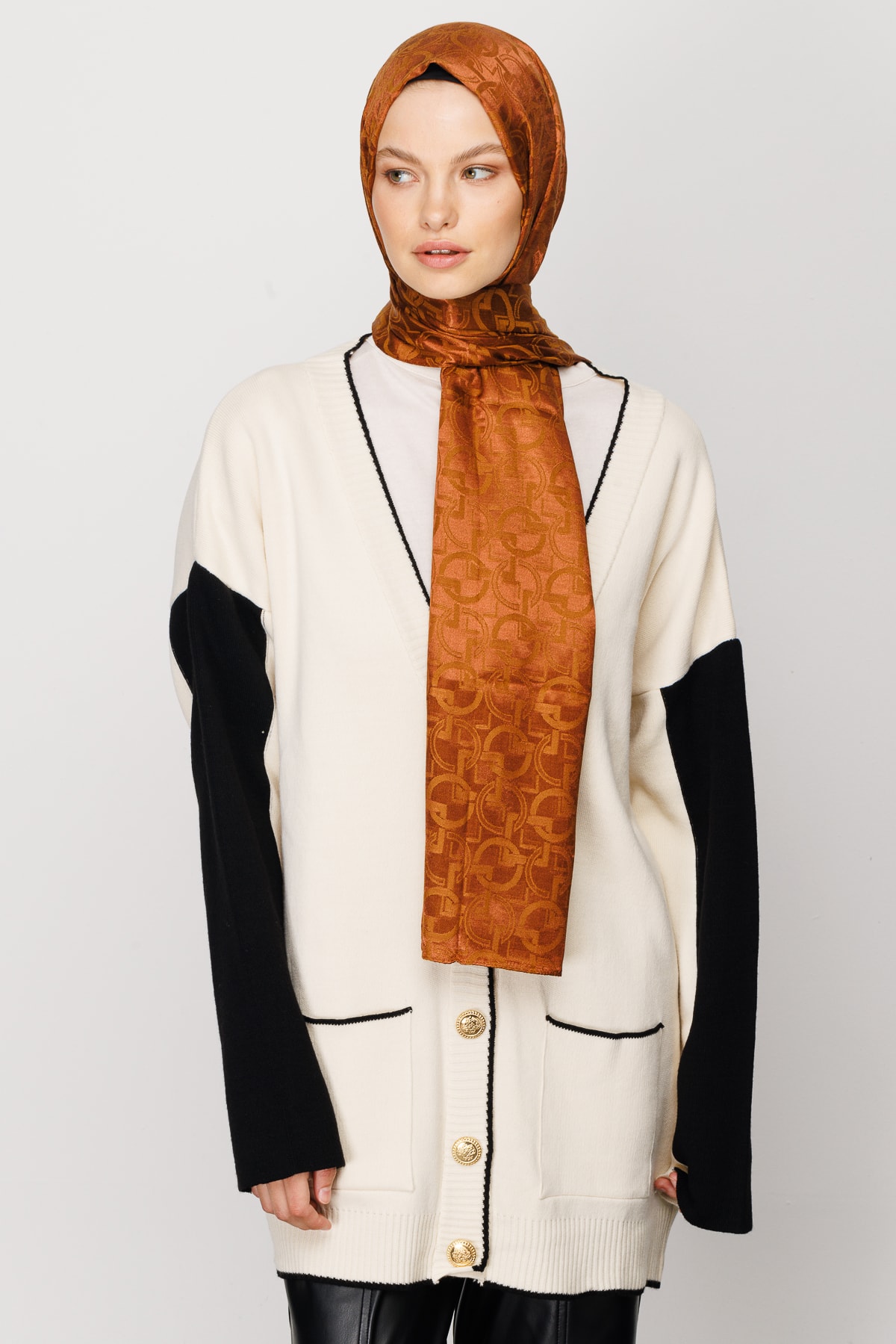 Longar Pattern Shiny Jacquard Shawl - Copper