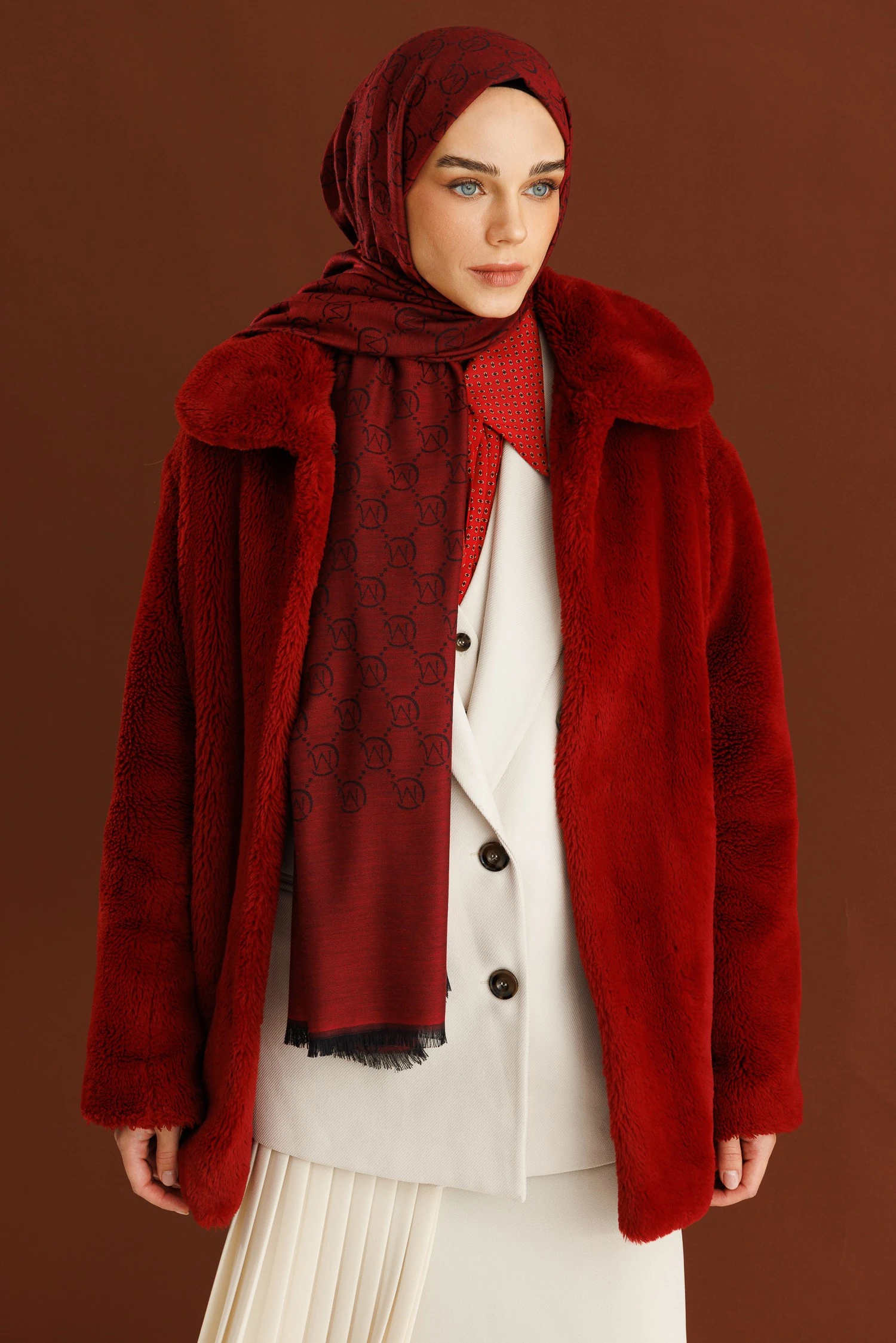 Yün İpek Şal - Bordo