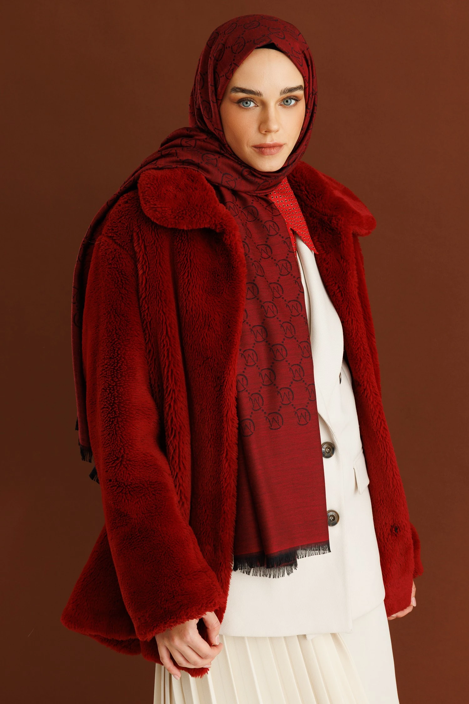 Yün İpek Şal - Bordo