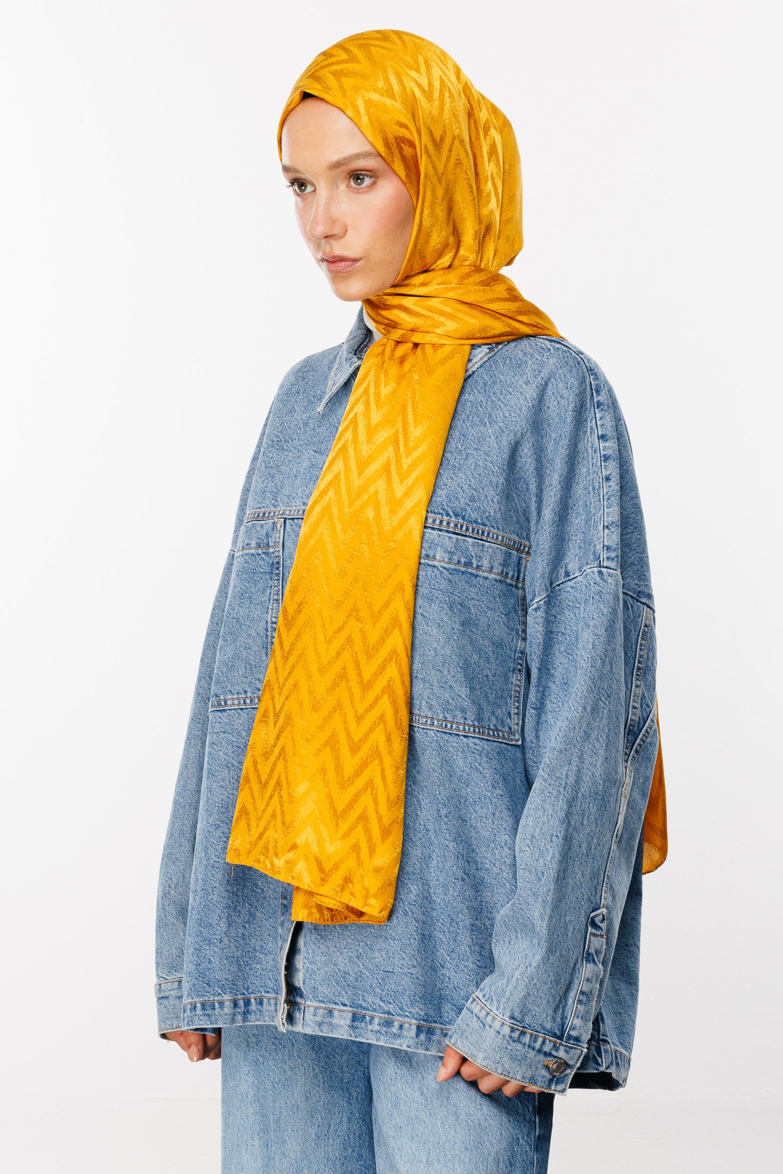 Zigzag Pattern Shiny Jacquard Shawl - Saffron