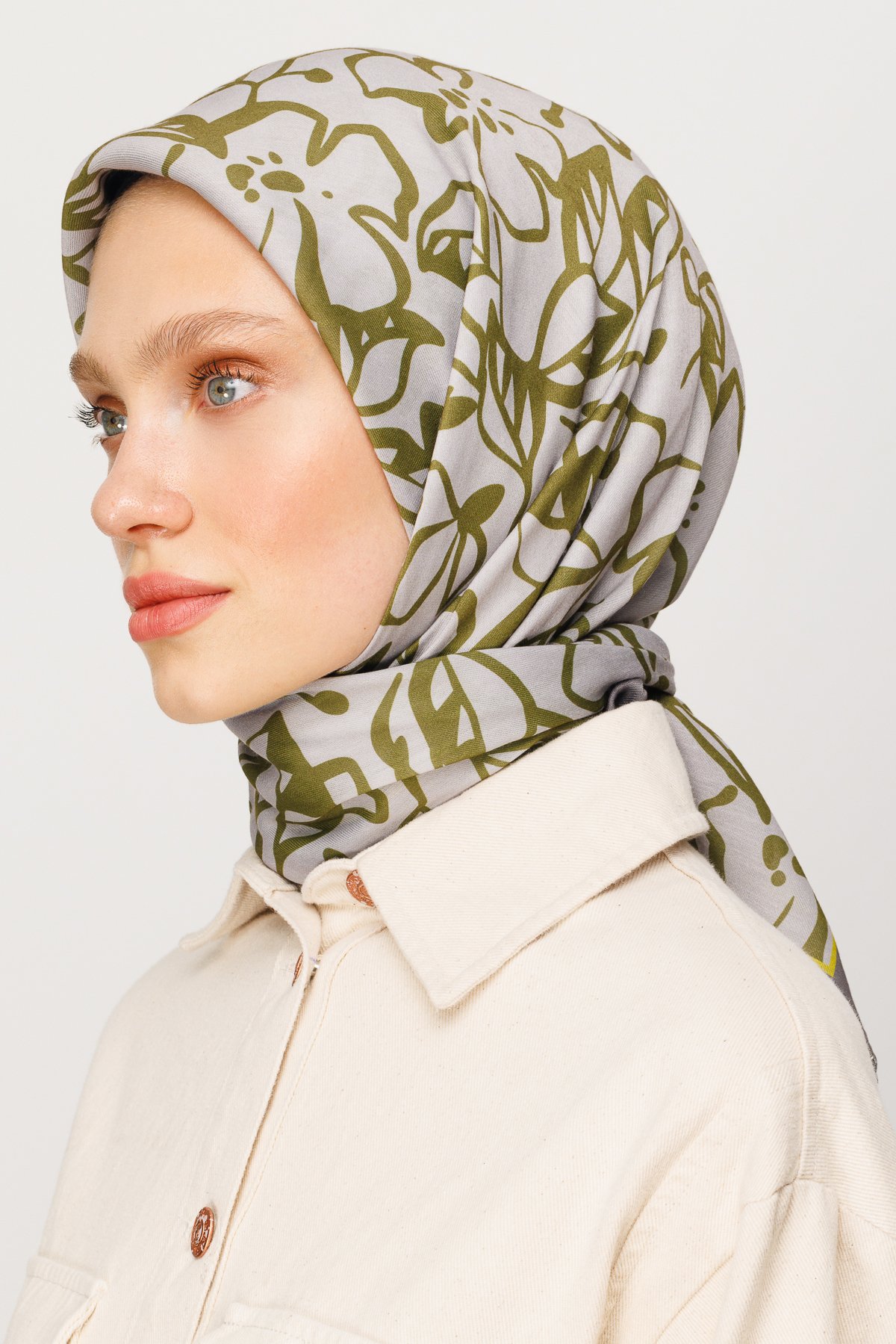 Floral Desen Dijital Soft Eşarp - Oliv Yeşili
