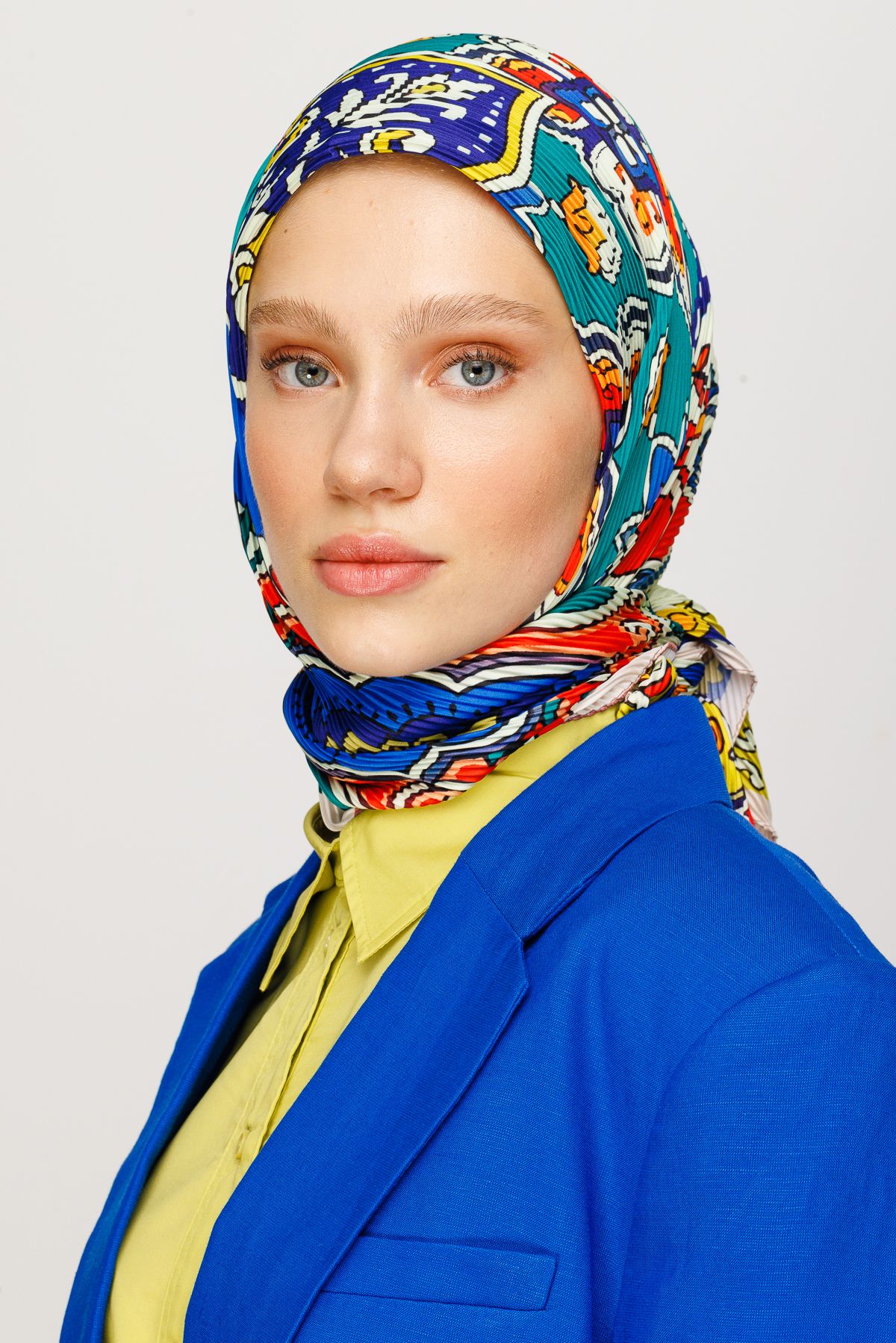 40 Patch Pattern Pleated Scarf - Turquoise