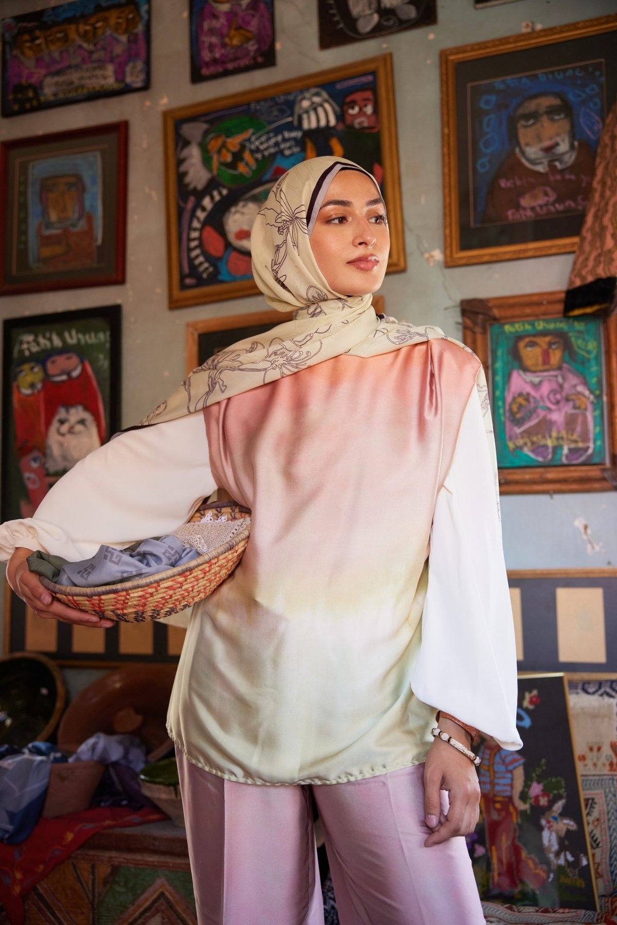 Yekta Desen Sakura İpek Şal Sarı