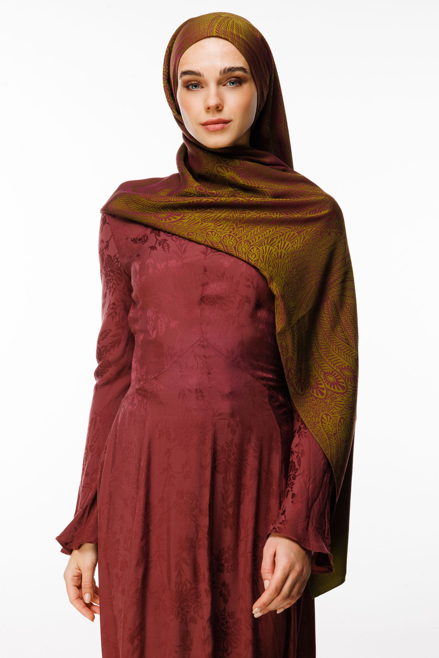 Mayra Pattern Double-Sided Shawl - Fat Green-Damson