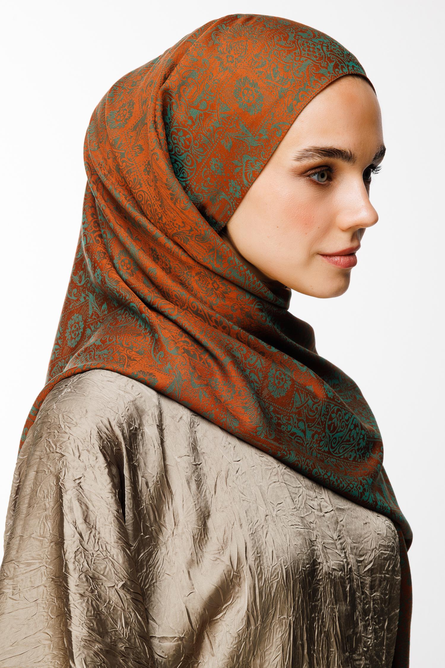 Henna Pattern Double-Sided Shawl - Cinnamon-Emerald