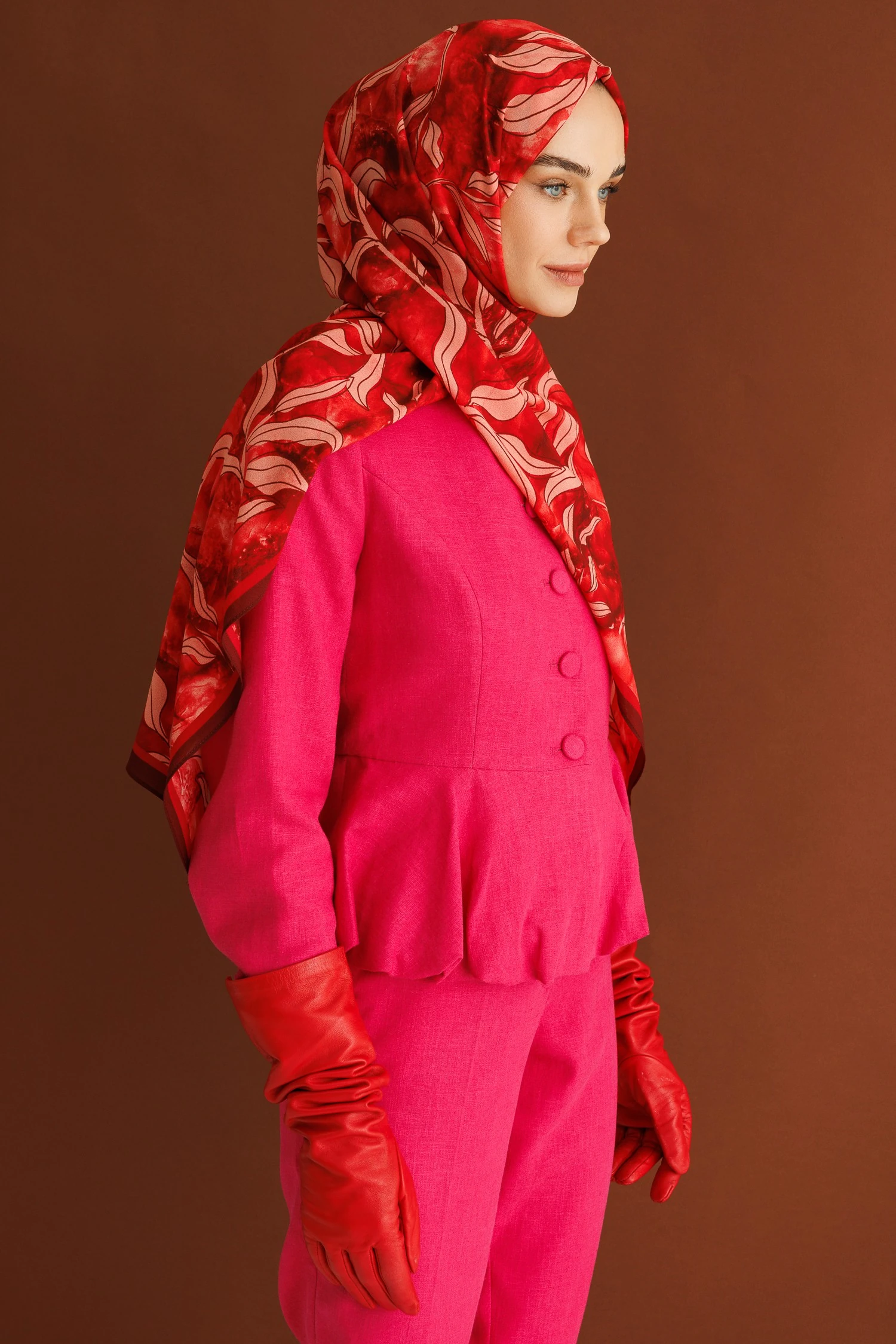 Frond Desen Hebei İpek Şal - Burgundy