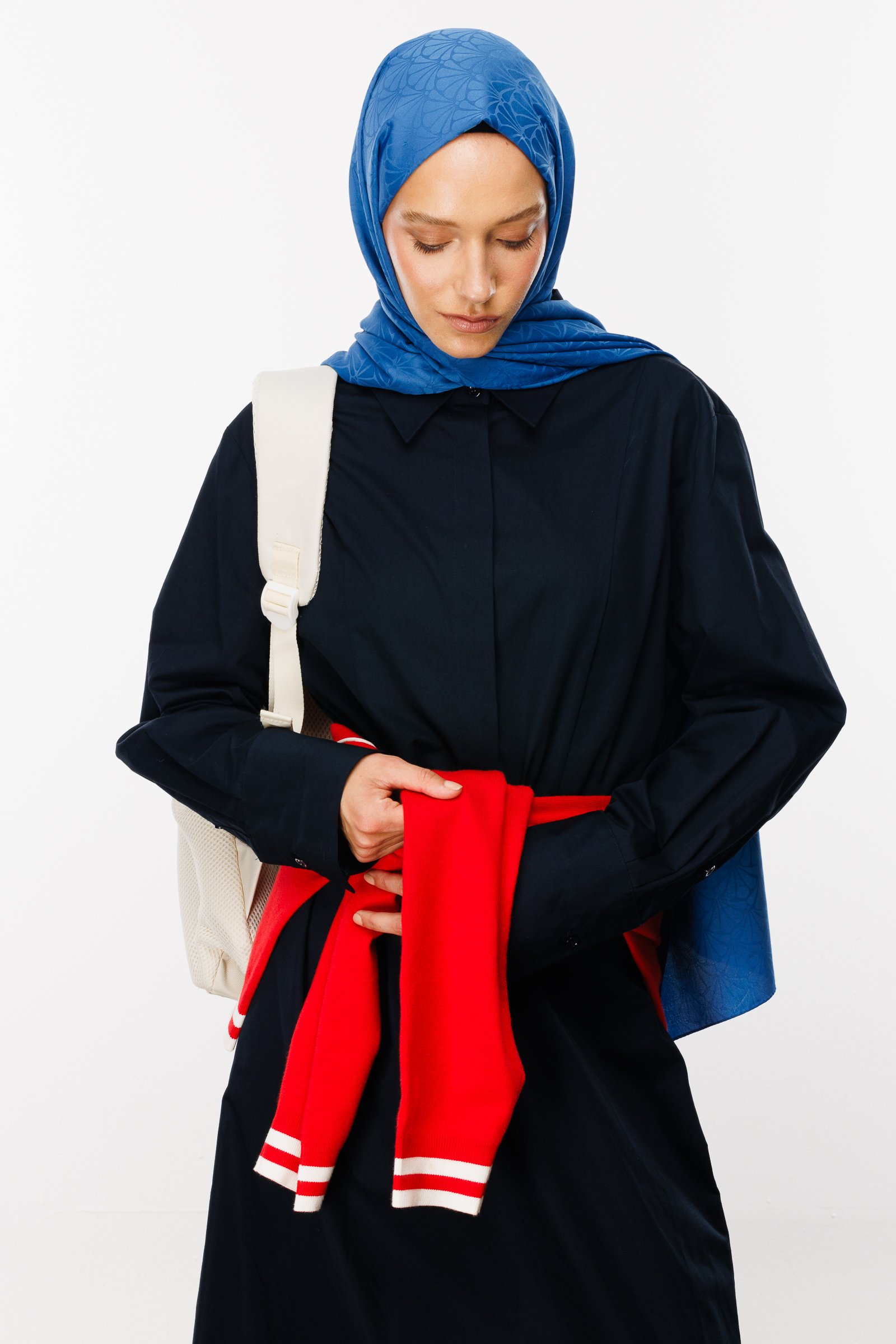 Lotus Pattern Silk Jacquard Shawl - İndigo