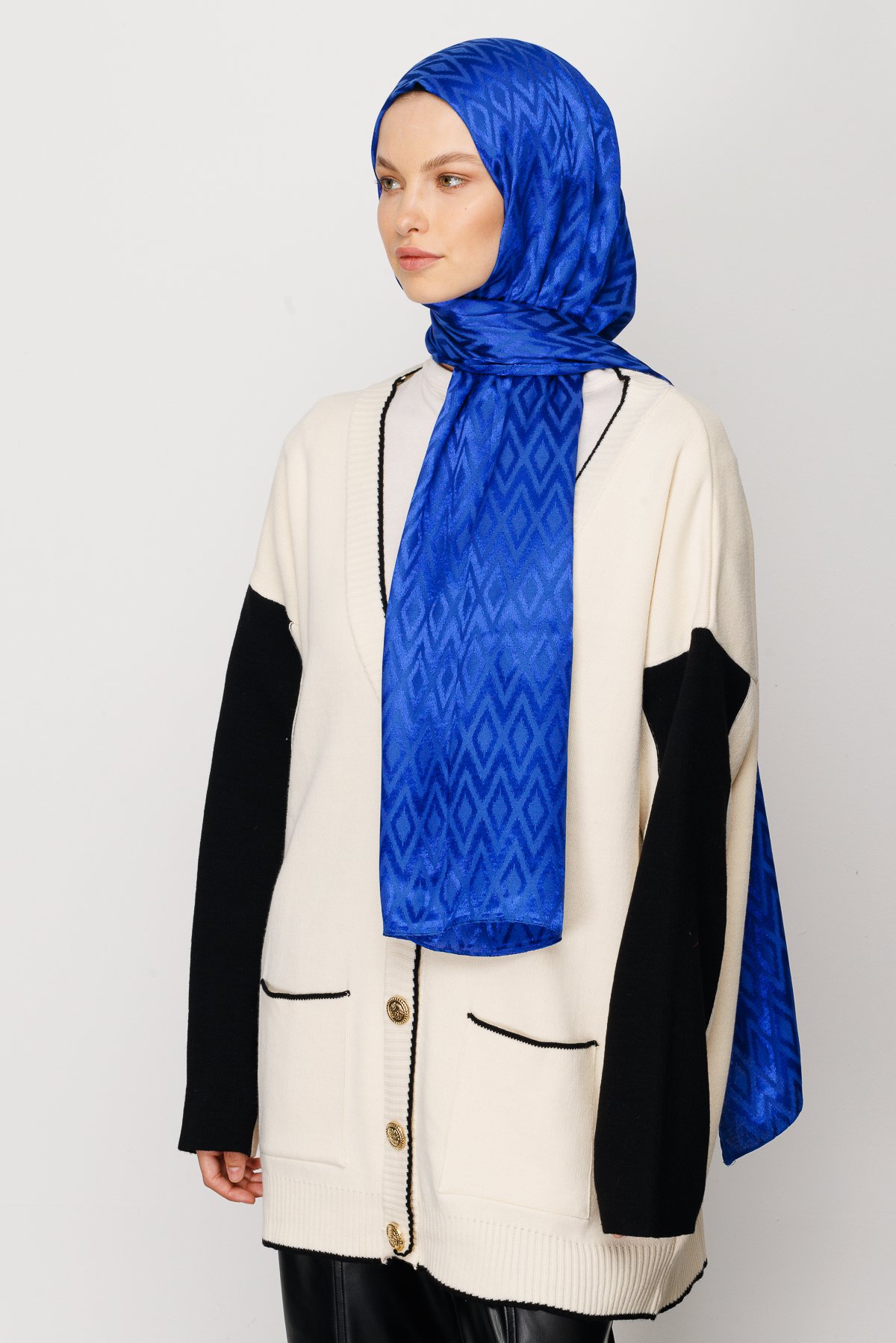 Karo Pattern Shiny Jacquard Shawl - Sax Blue