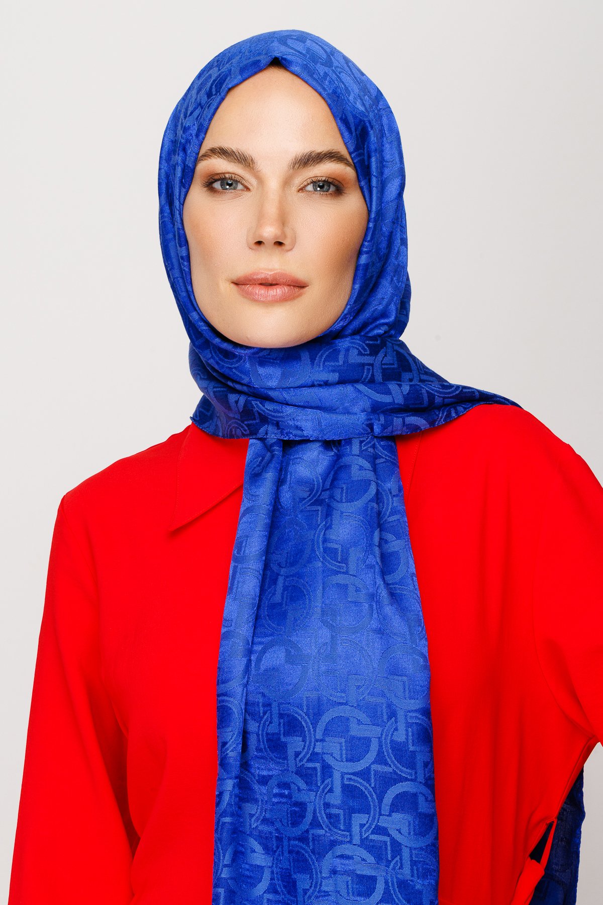 Longar Pattern Shiny Jacquard Shawl - Sax Blue