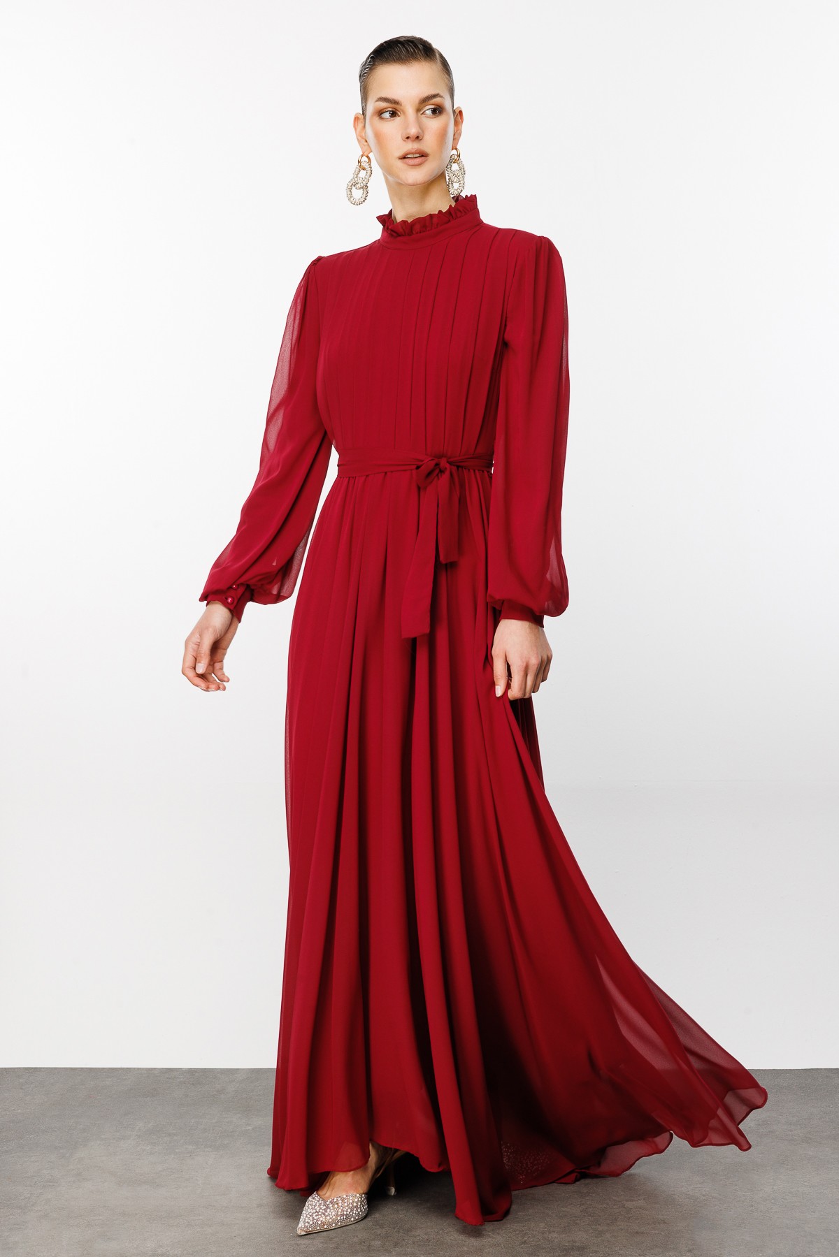 Pleated Organza Dress - Burgundy