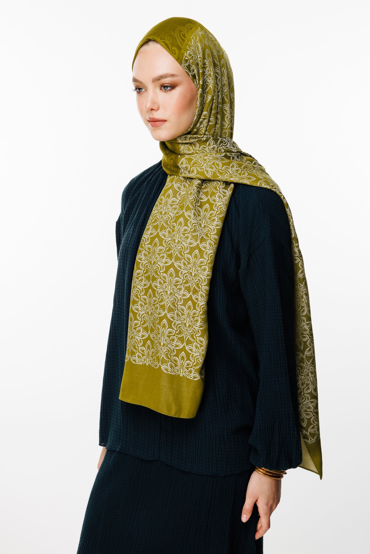 Nora Pattern Double-Sided Shawl - Oil Green-Ecru