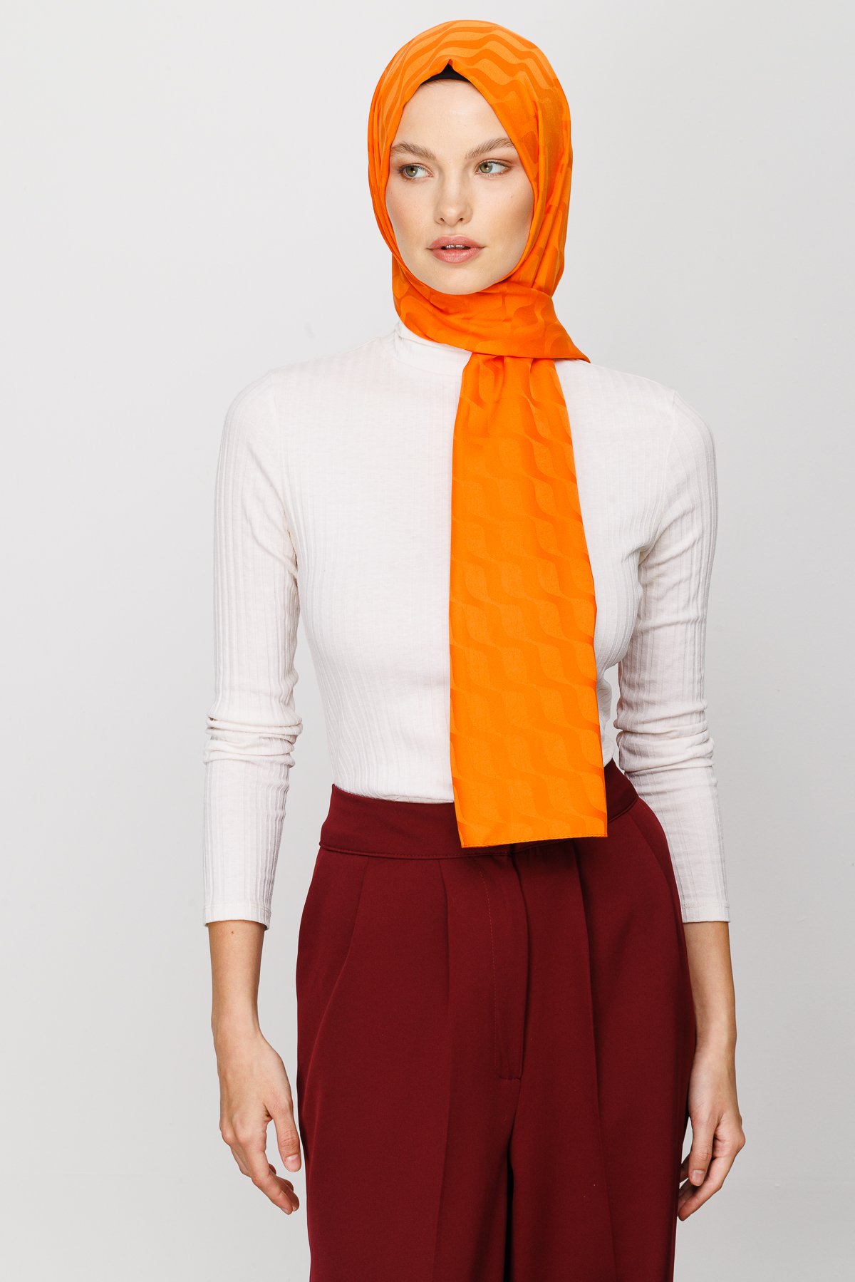 Wave Pattern Silky Jacquard Shawl - Turuncu