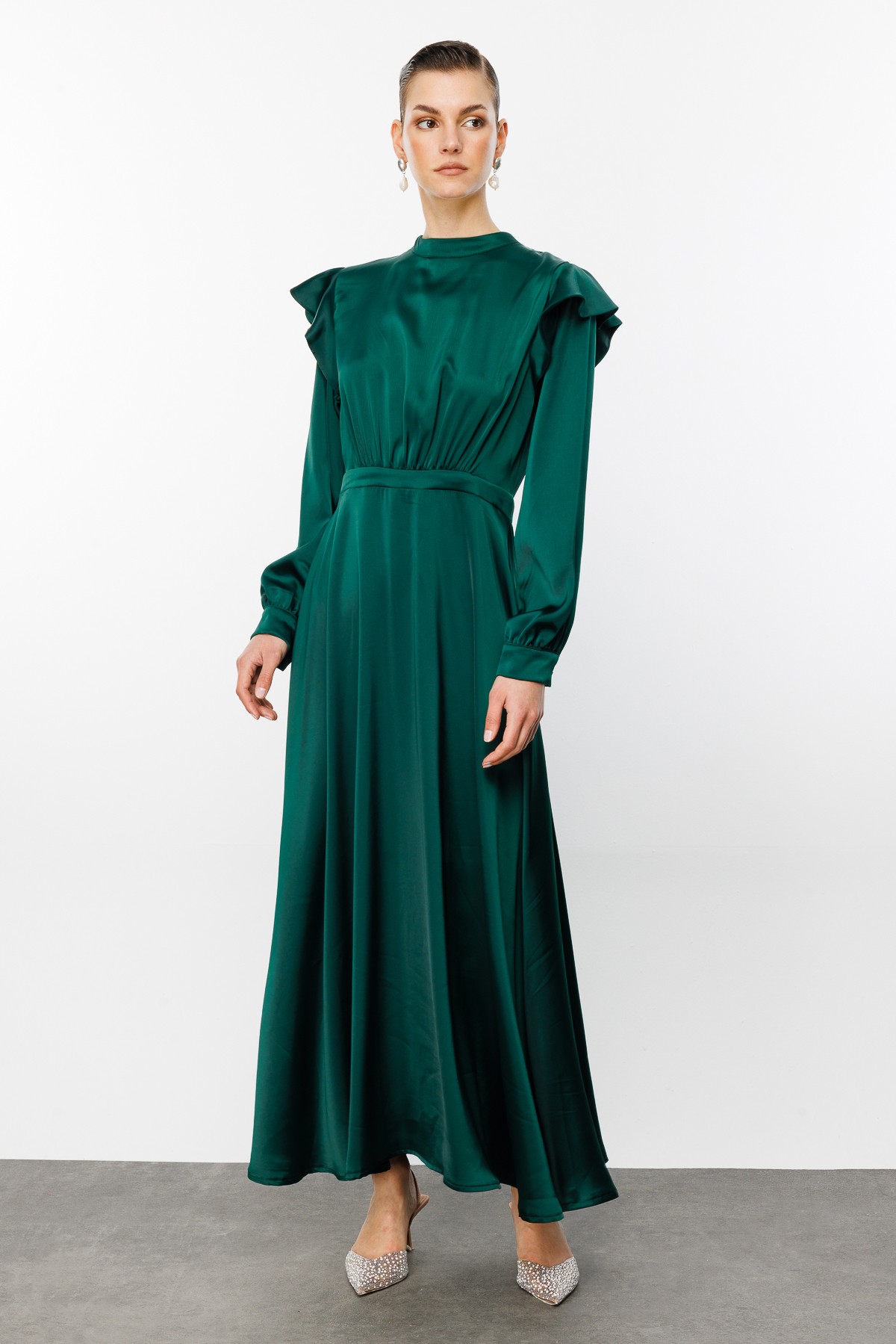 Flounce Shoulder Draped Satin Dress - Emerald