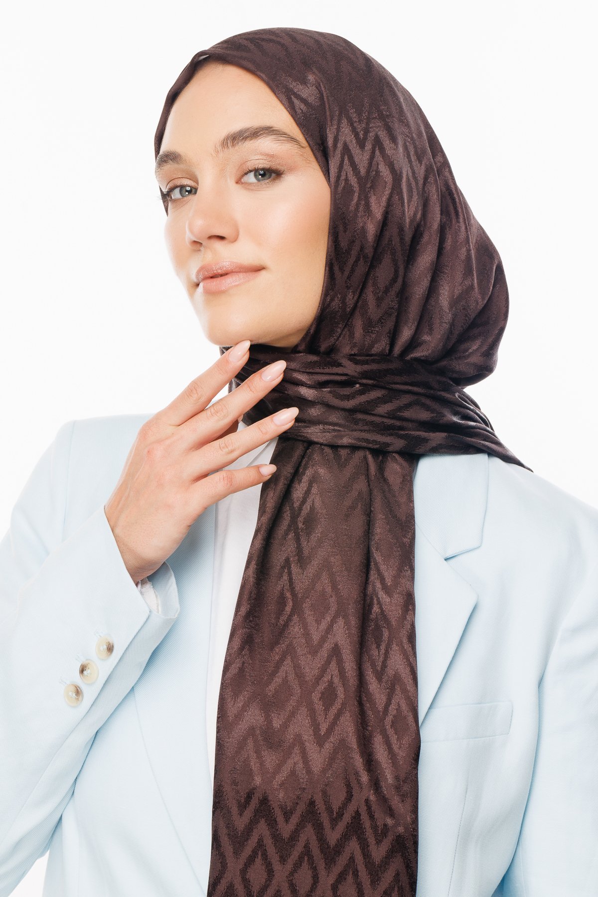 Karo Pattern Shiny Jacquard Shawl - Bitter Coffee