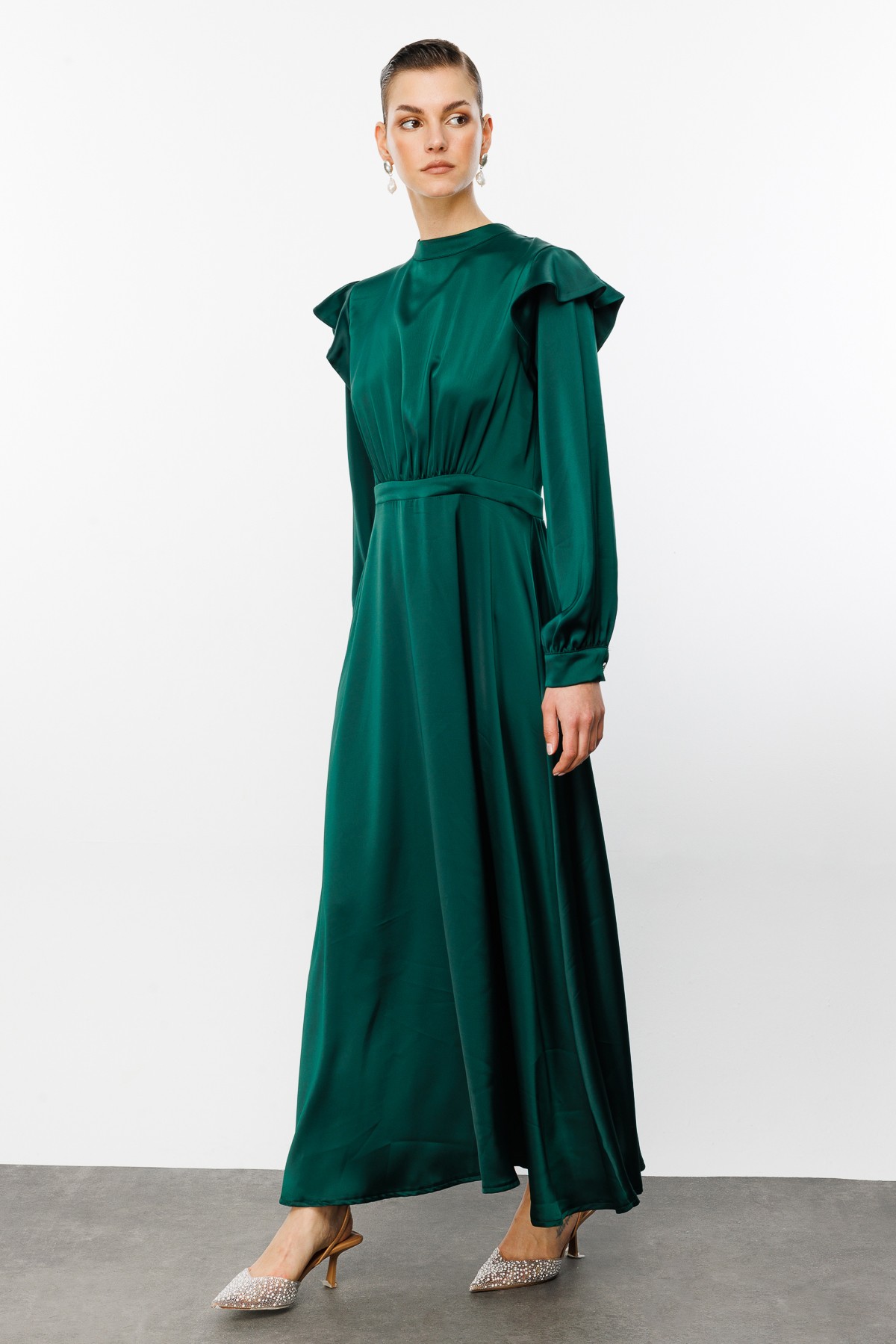 Flounce Shoulder Draped Satin Dress - Emerald